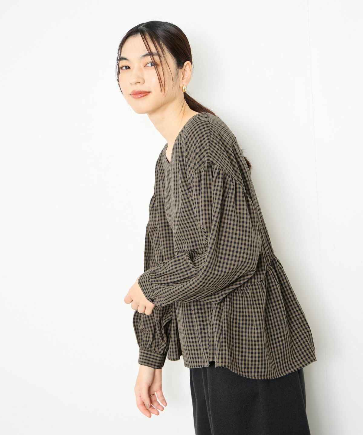 Idnes ペプラムギンガムチェックブラウス レディース