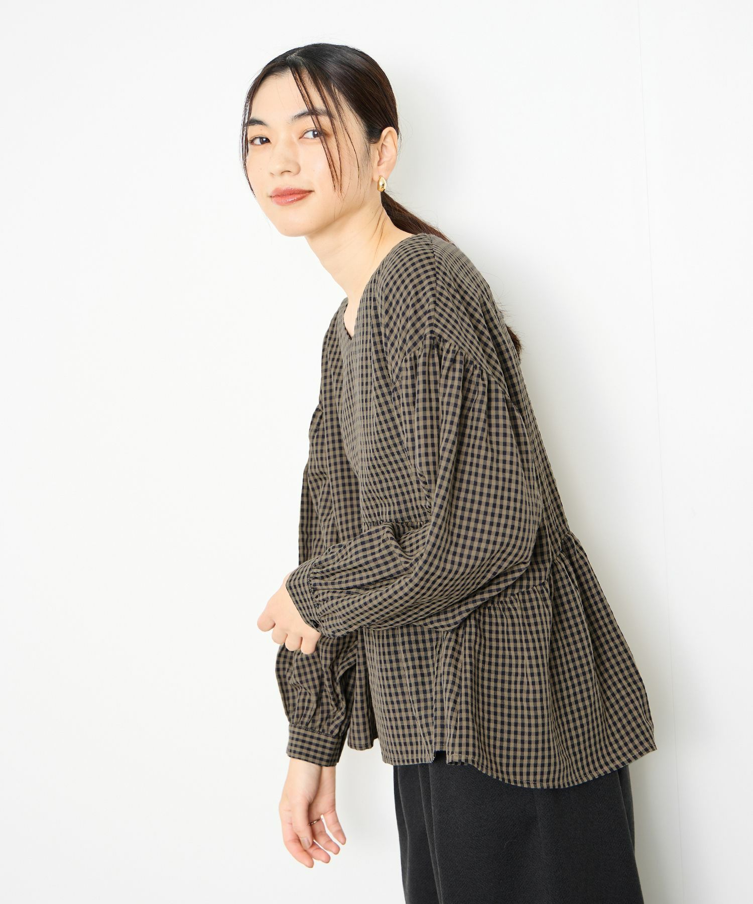 Idnes  ペプラムギンガムチェックブラウス レディース商品サムネイル-4