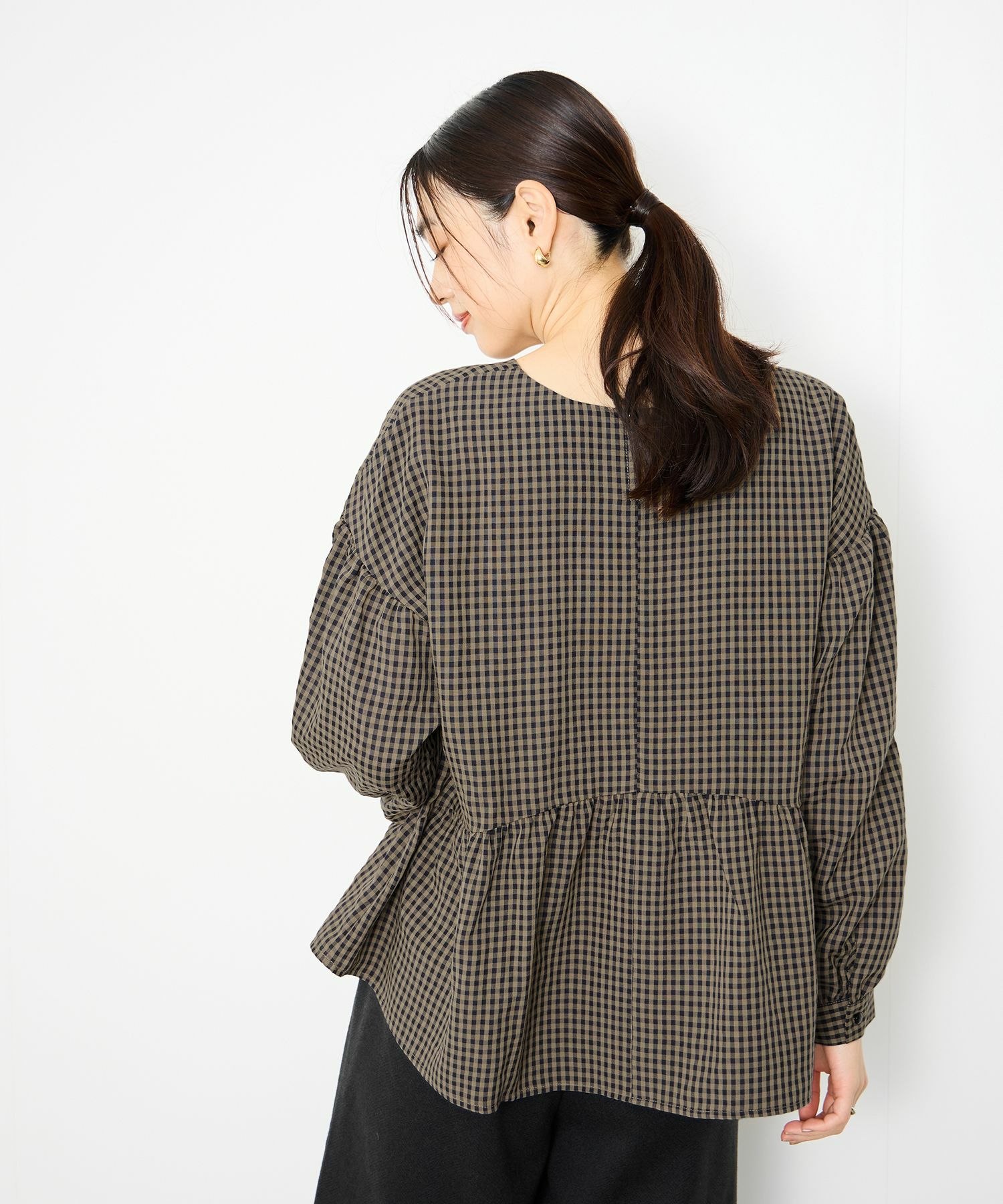 Idnes ペプラムギンガムチェックブラウス レディース