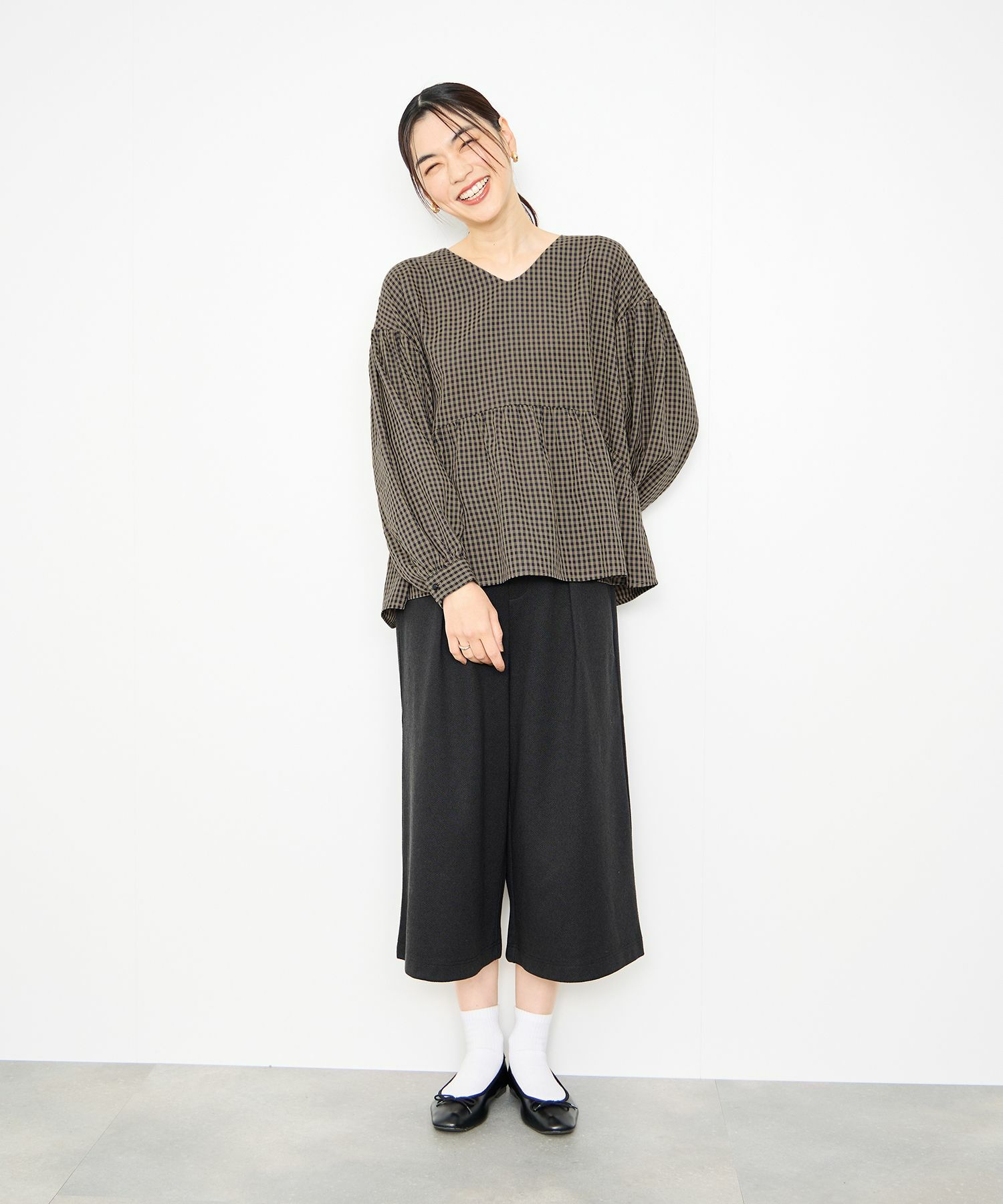 Idnes  ペプラムギンガムチェックブラウス レディース商品画像-6