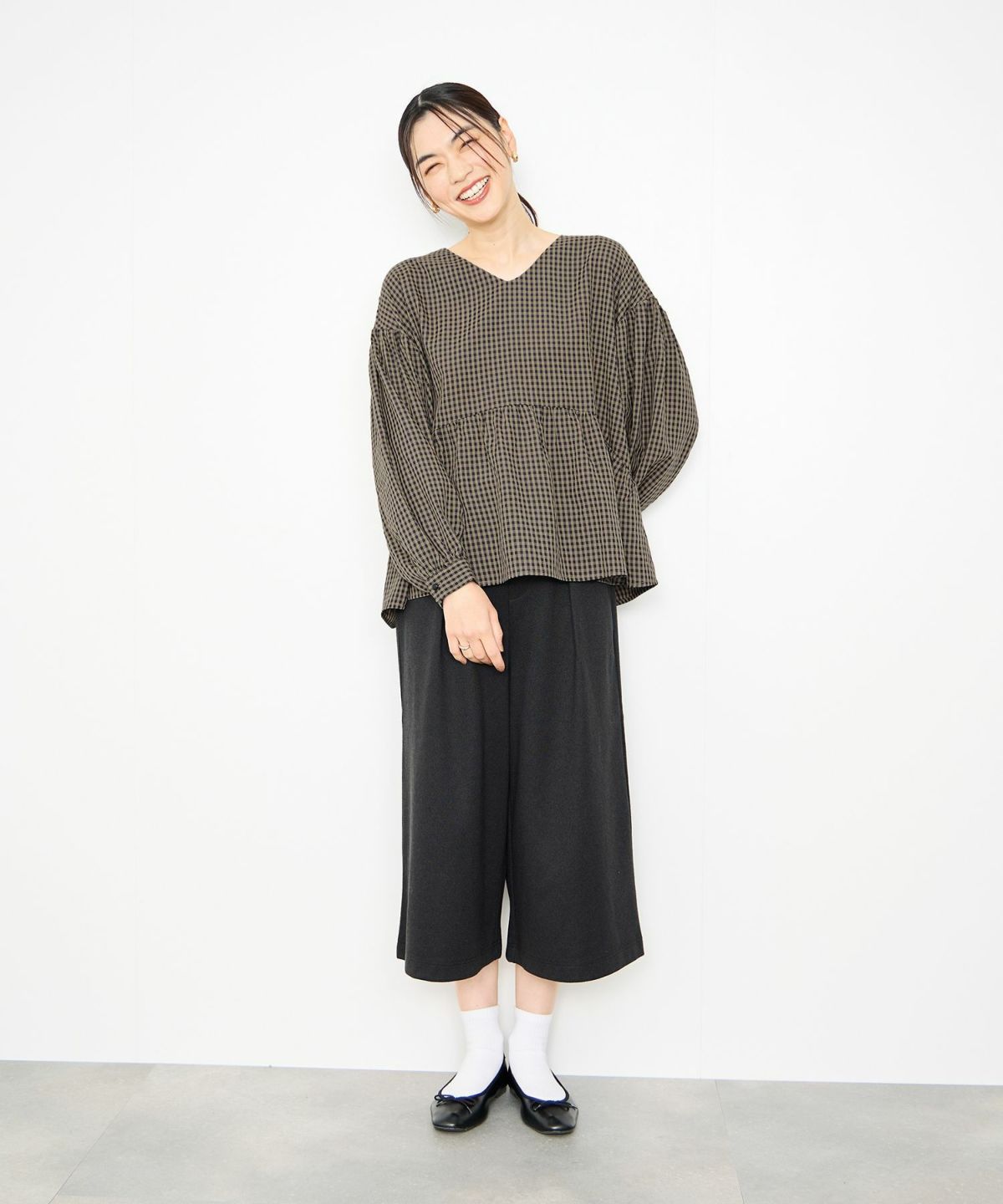 Idnes ペプラムギンガムチェックブラウス レディース