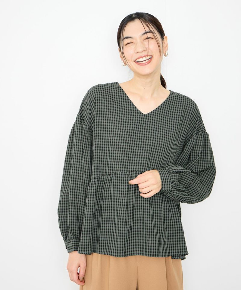 Idnes  ペプラムギンガムチェックブラウス レディース商品画像-8