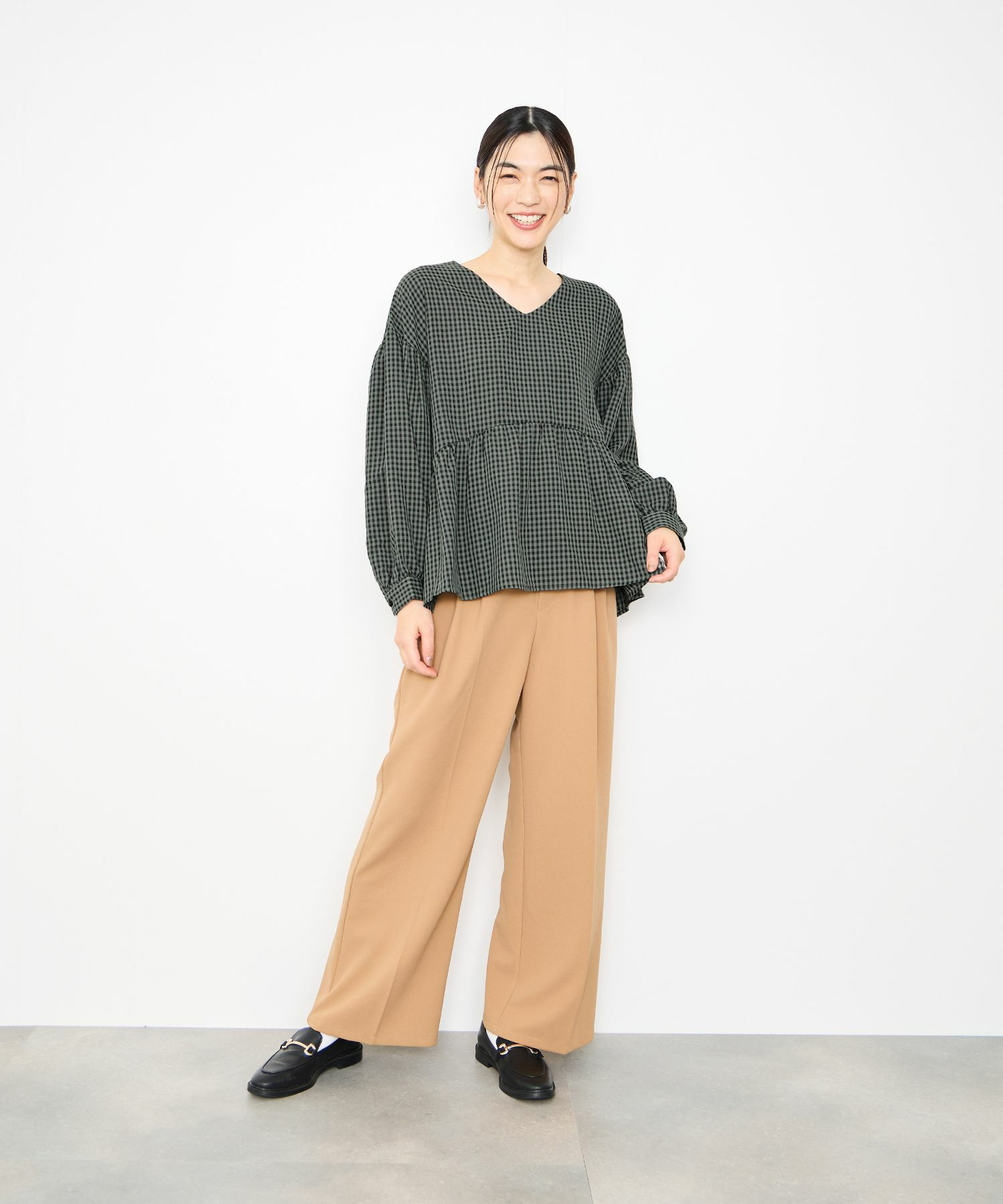 Idnes ペプラムギンガムチェックブラウス レディース