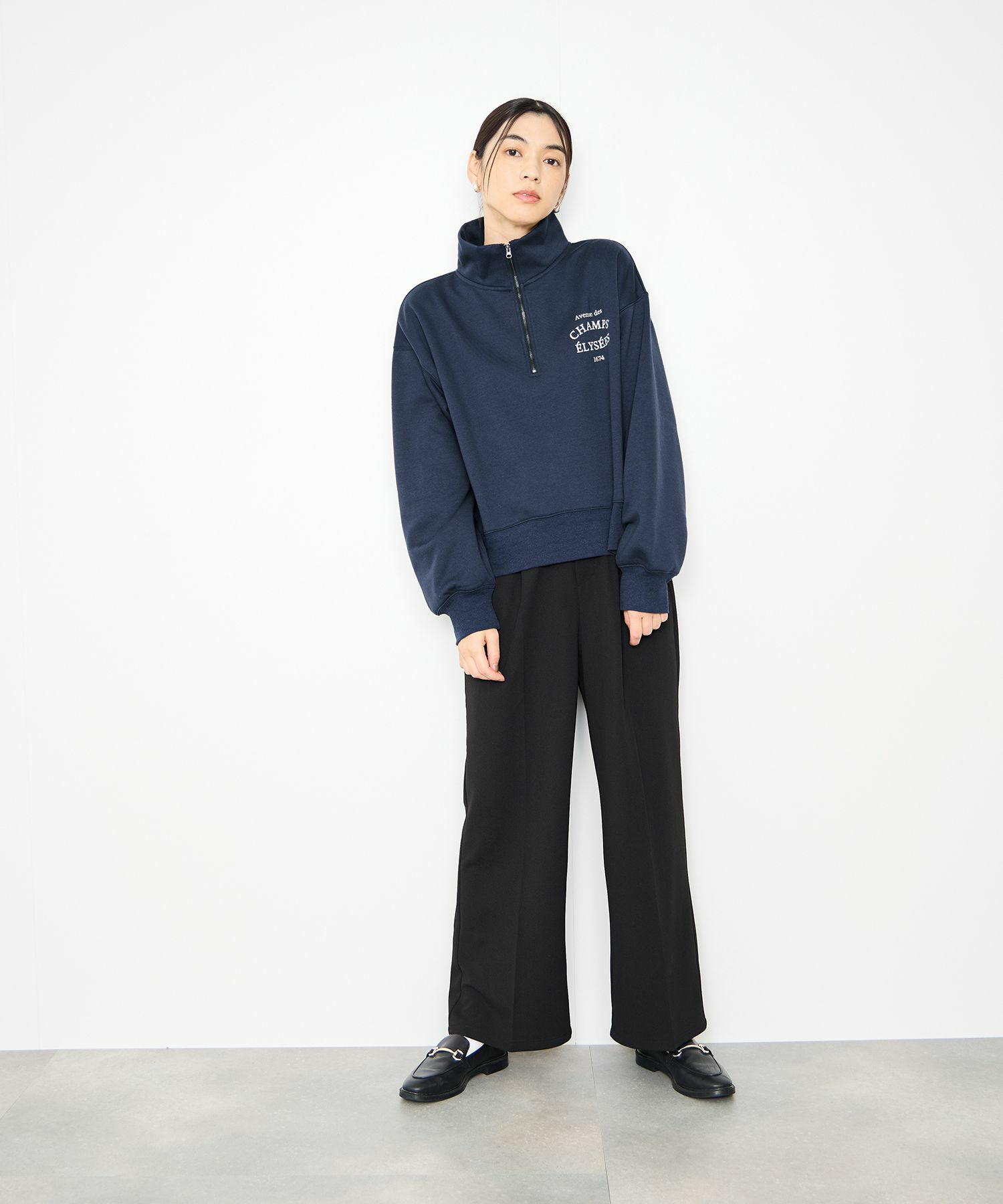  Idnes 裏起毛ロゴハーフジッププルオーバー レディース