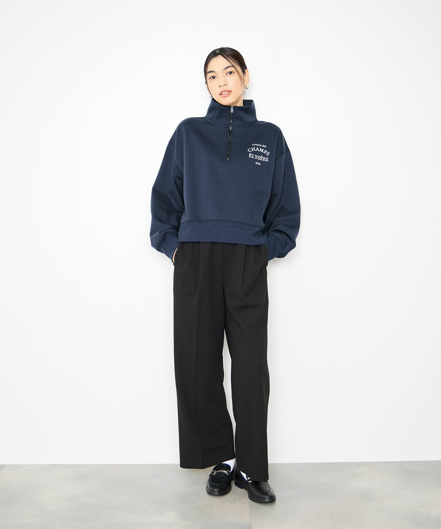  Idnes 裏起毛ロゴハーフジッププルオーバー レディース