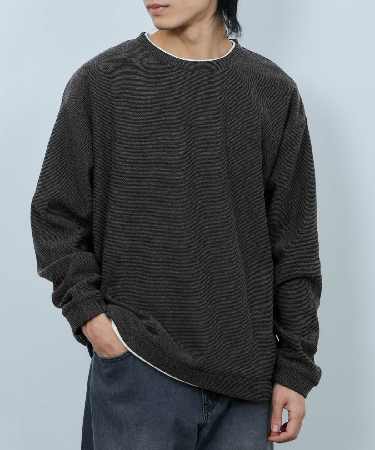 NAVY ハニカム裏起毛フェイククルーネックトレーナー メンズ