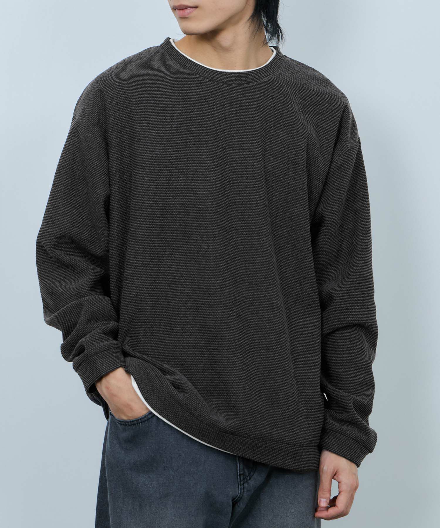 NAVY ハニカム裏起毛フェイククルーネックトレーナー メンズ