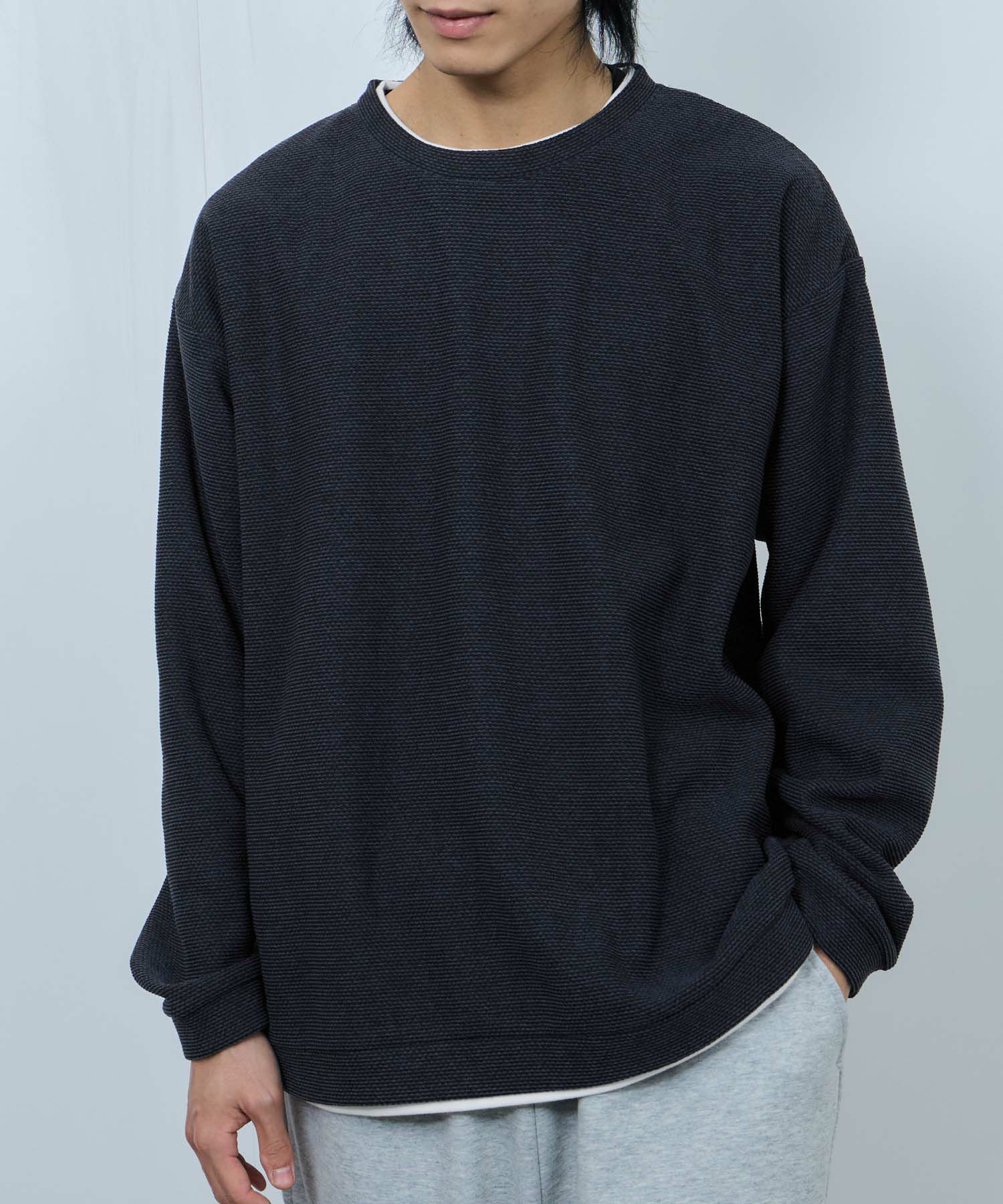 NAVY ハニカム裏起毛フェイククルーネックトレーナー メンズ