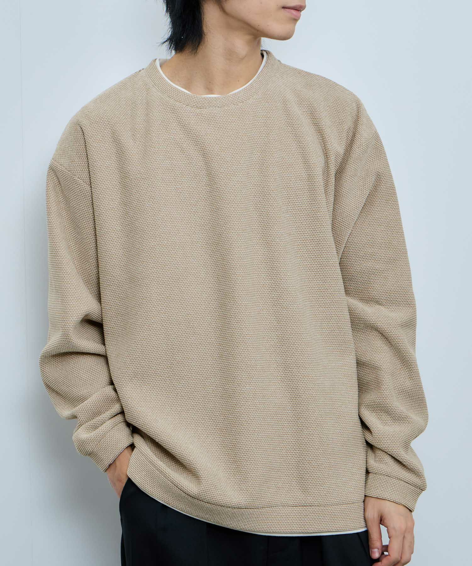 NAVY ハニカム裏起毛フェイククルーネックトレーナー メンズ