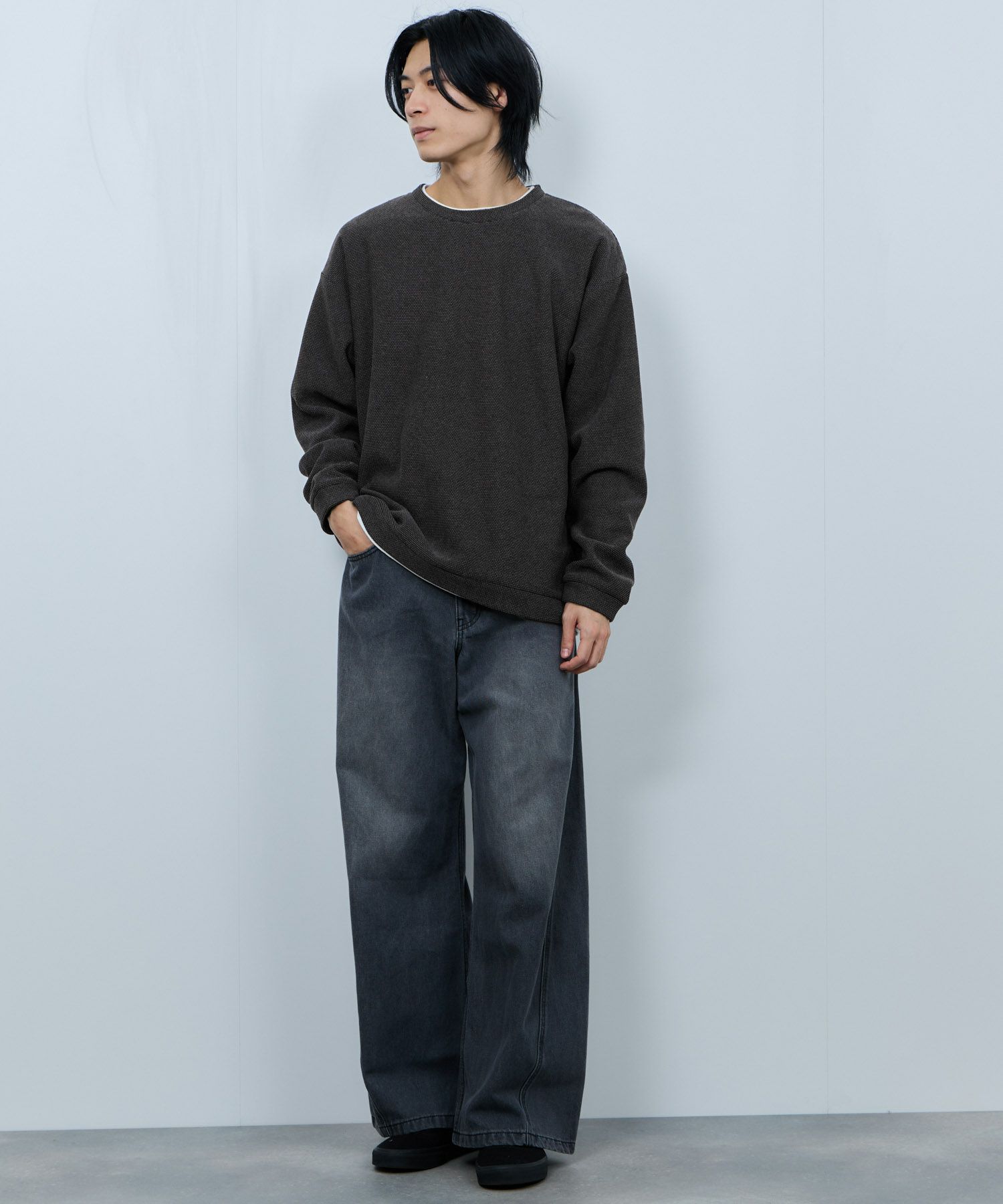 NAVY  ハニカム裏起毛フェイククルーネックトレーナー メンズ商品サムネイル-6