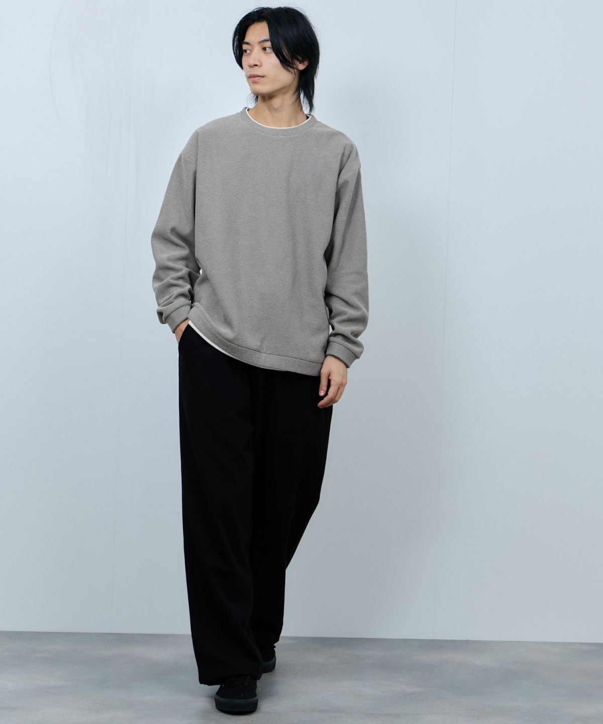 NAVY ハニカム裏起毛フェイククルーネックトレーナー メンズ