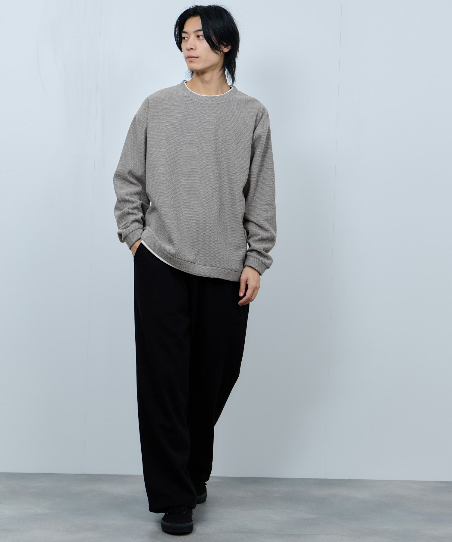 NAVY ハニカム裏起毛フェイククルーネックトレーナー メンズ