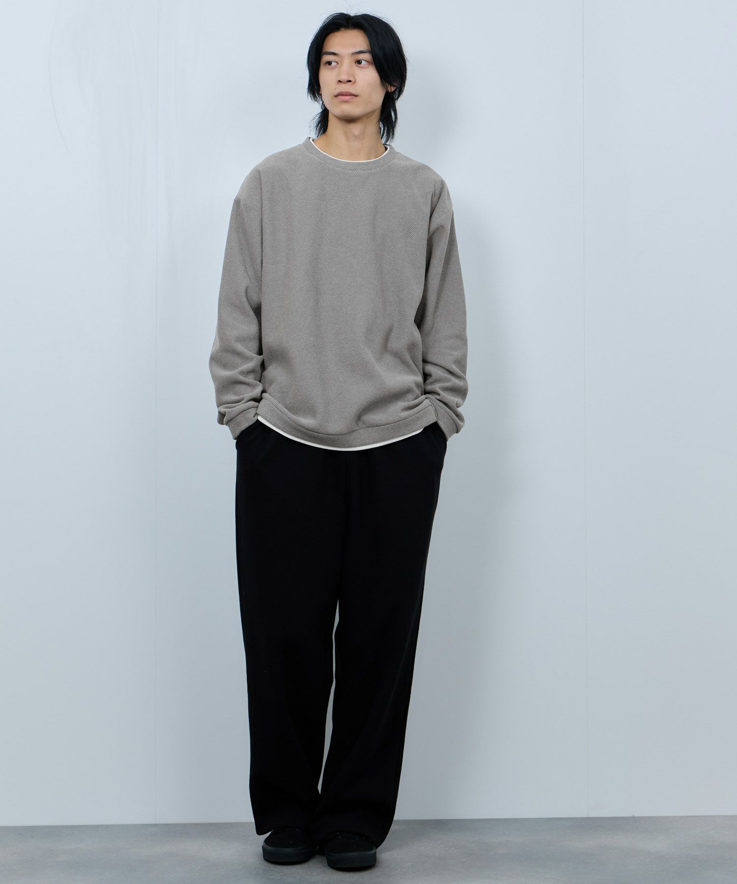 NAVY ハニカム裏起毛フェイククルーネックトレーナー メンズ