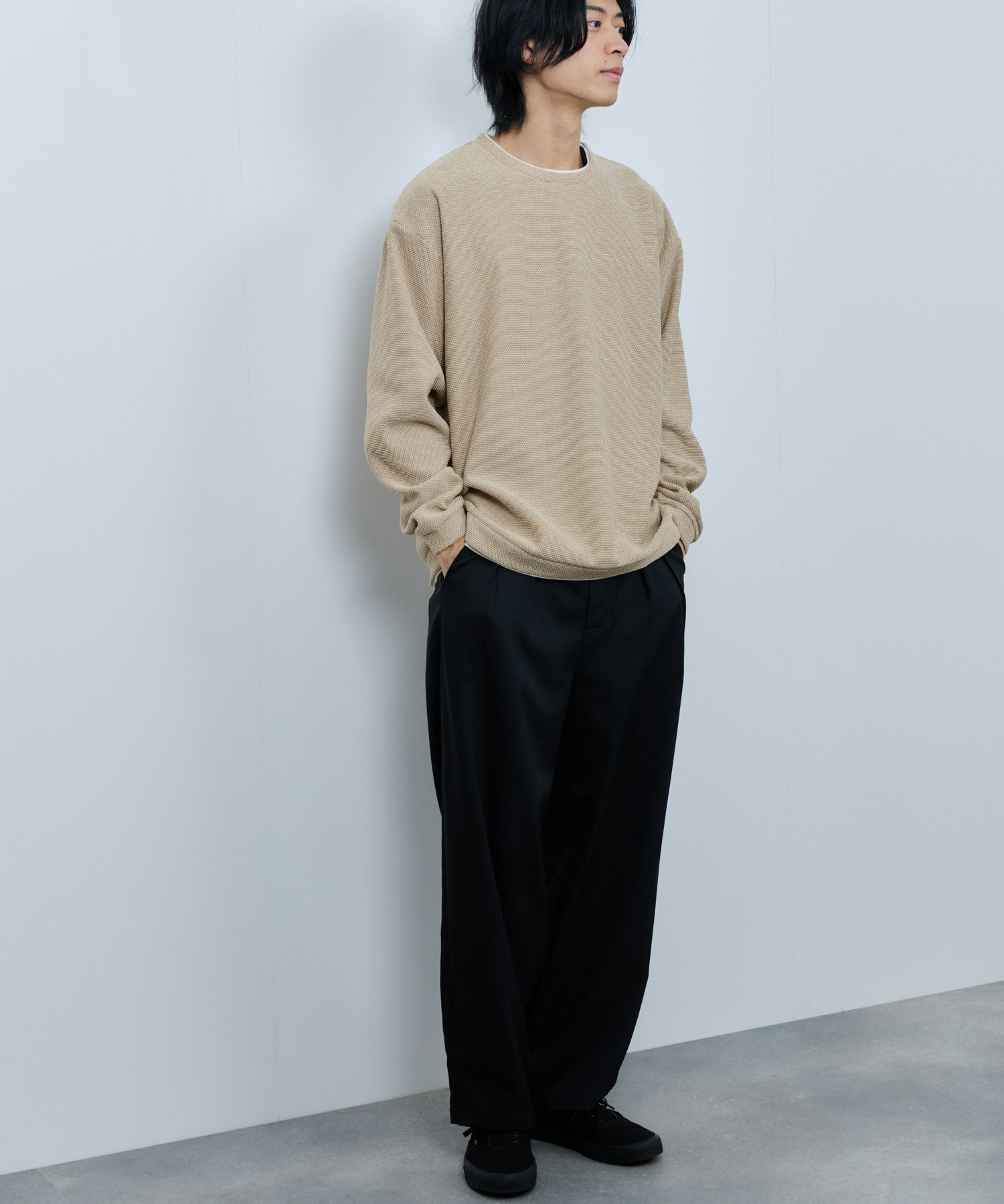NAVY ハニカム裏起毛フェイククルーネックトレーナー メンズ