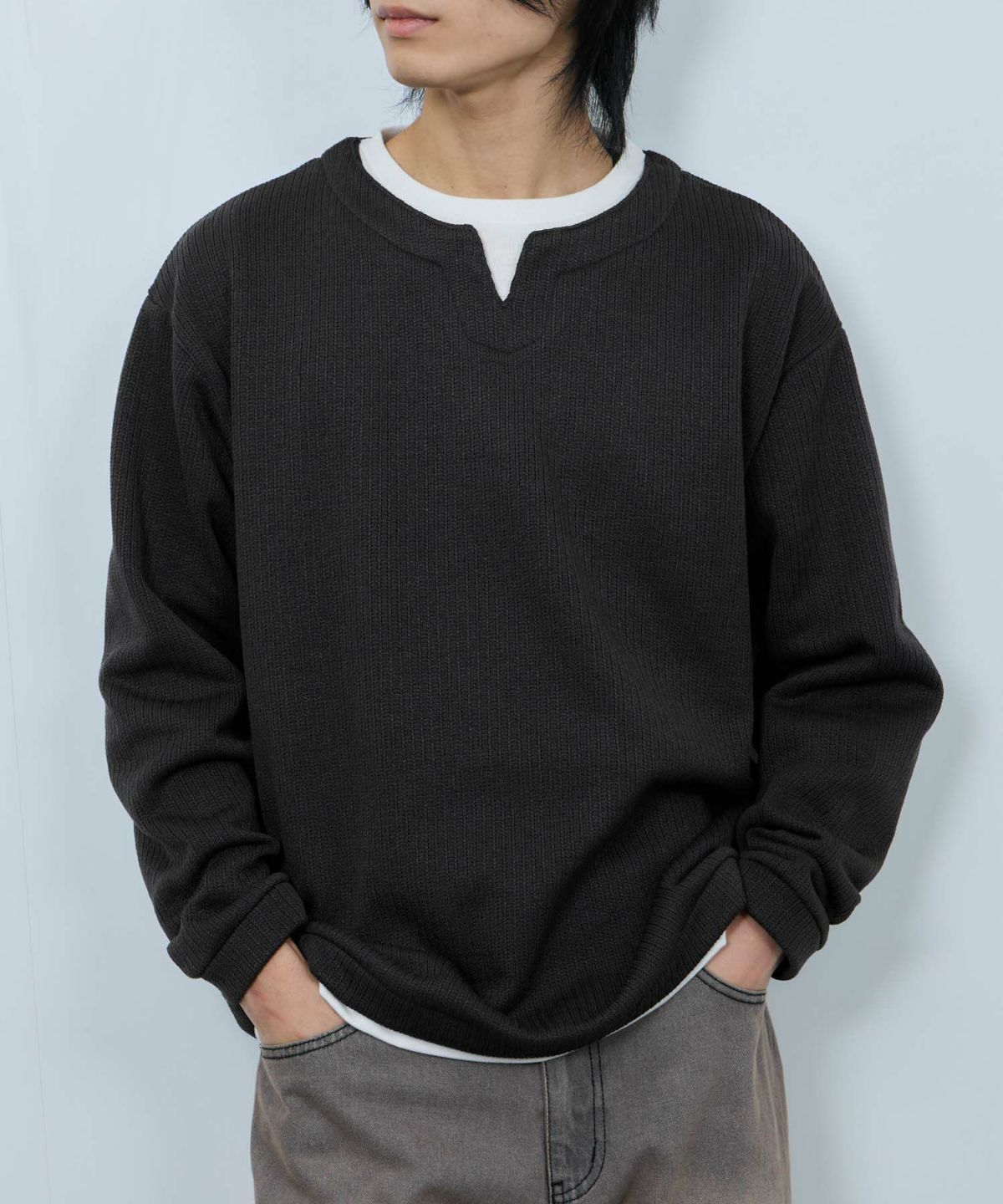 NAVY 針抜き裏起毛フェイクキーネックトレーナー メンズ