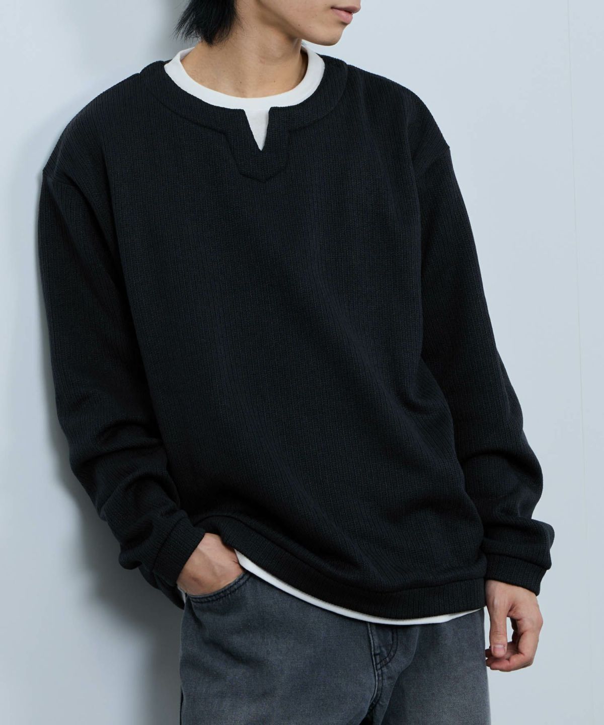 NAVY 針抜き裏起毛フェイクキーネックトレーナー メンズ