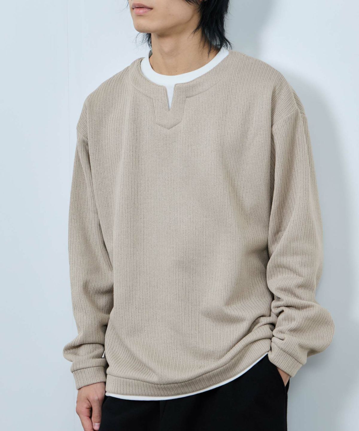 NAVY 針抜き裏起毛フェイクキーネックトレーナー メンズ