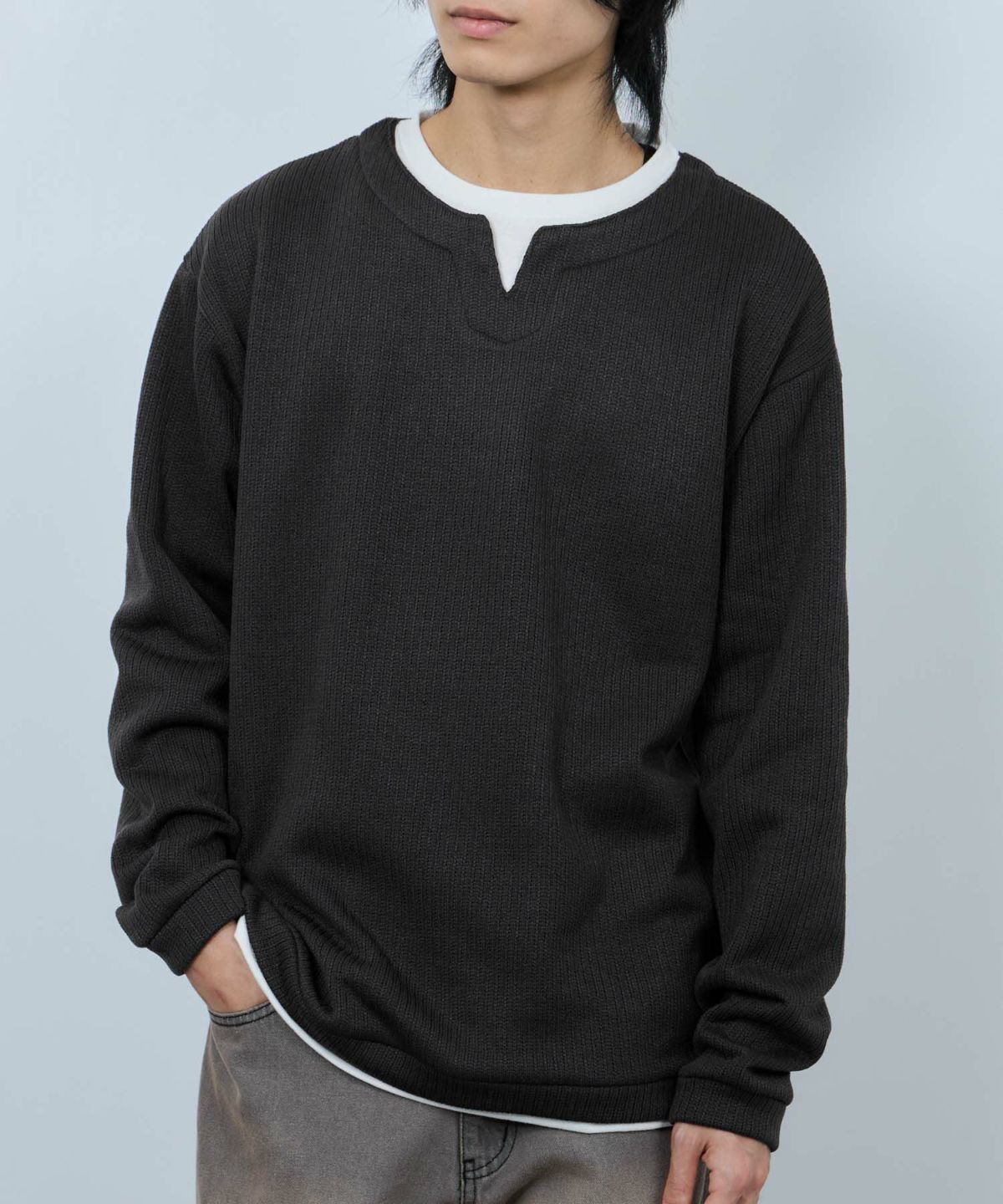 NAVY 針抜き裏起毛フェイクキーネックトレーナー メンズ