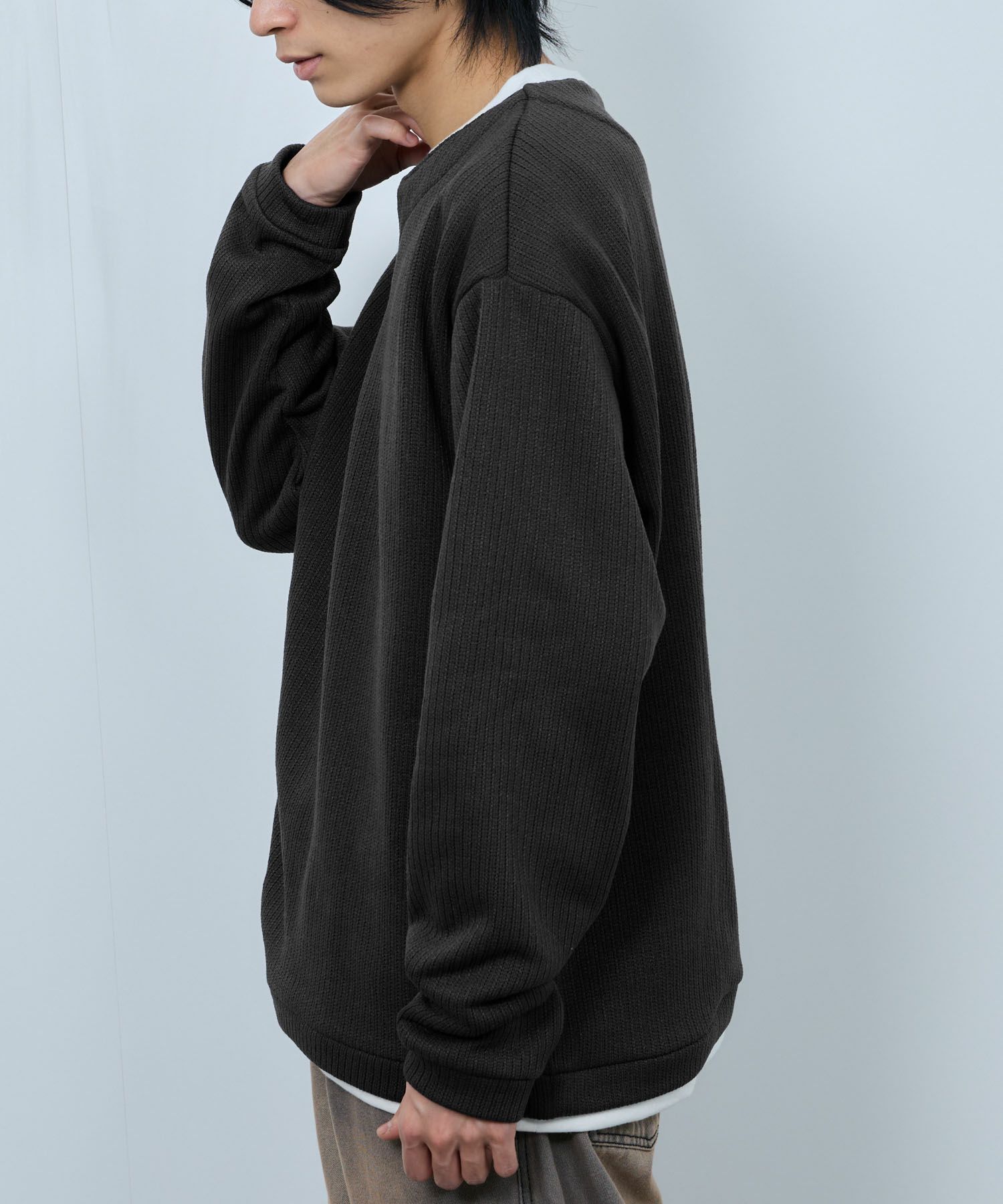 NAVY 針抜き裏起毛フェイクキーネックトレーナー メンズ