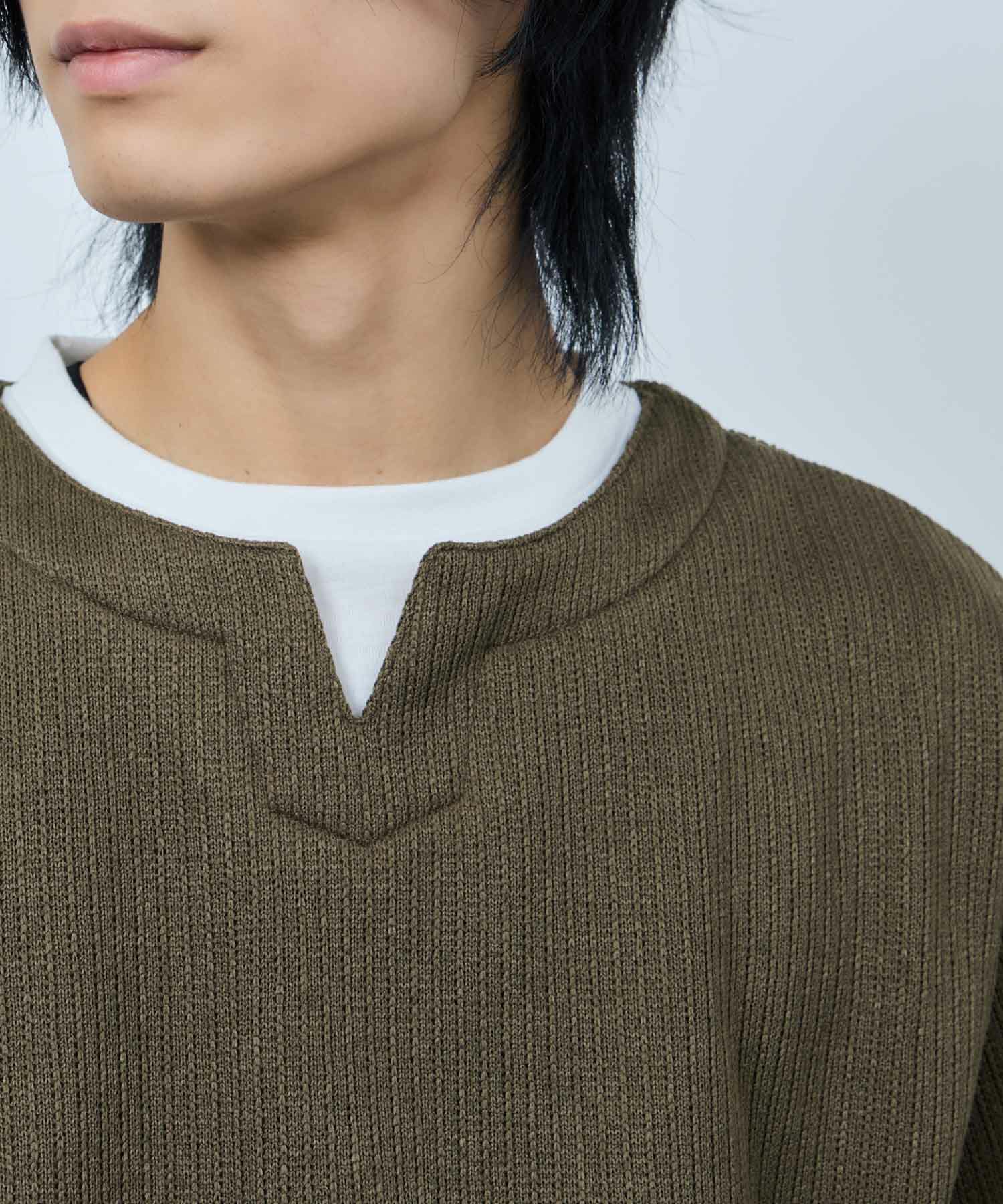 NAVY 針抜き裏起毛フェイクキーネックトレーナー メンズ