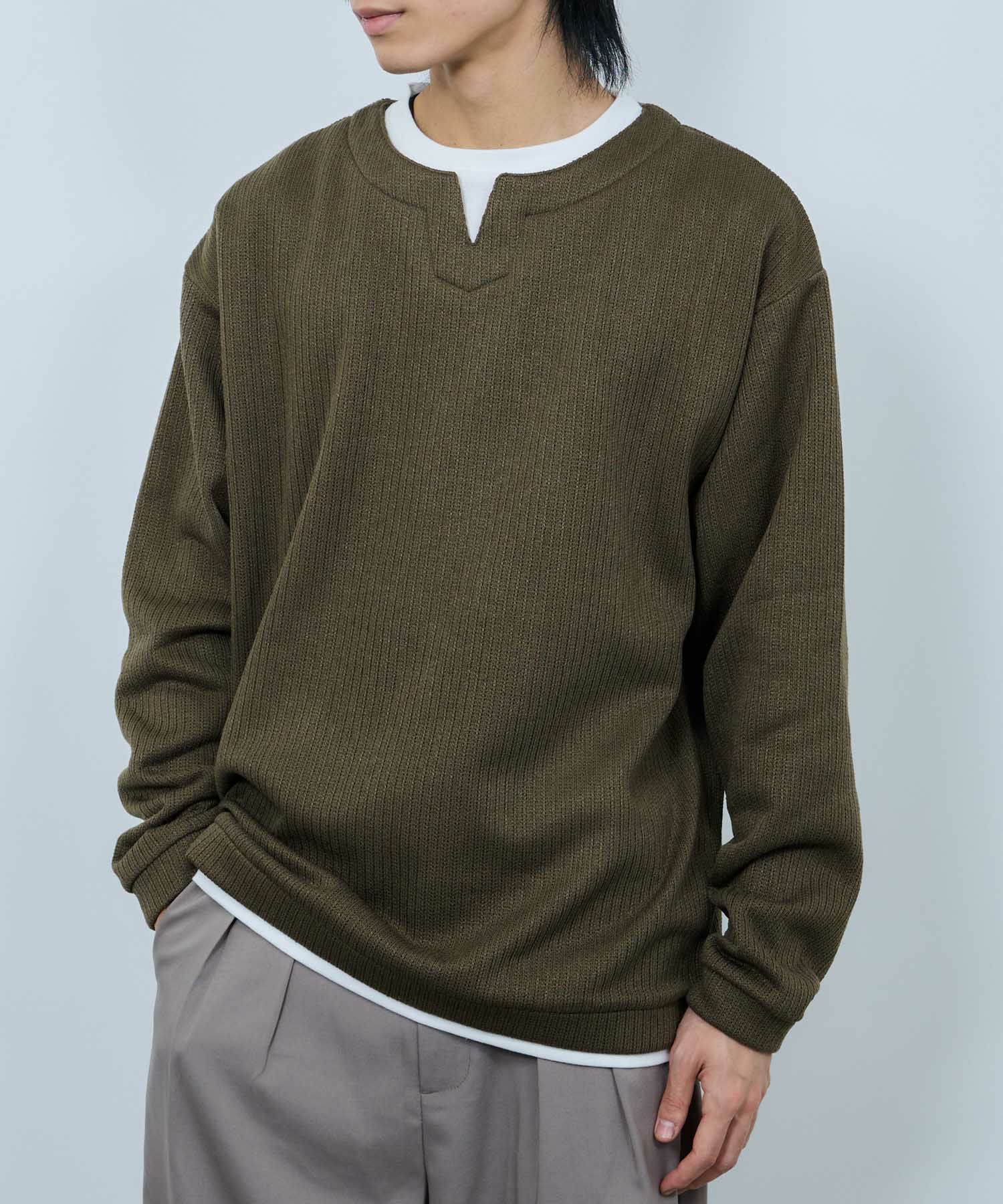 NAVY 針抜き裏起毛フェイクキーネックトレーナー メンズ