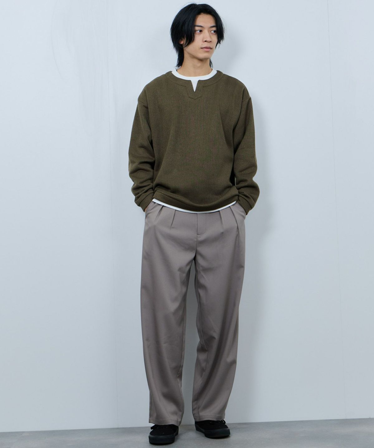 NAVY 針抜き裏起毛フェイクキーネックトレーナー メンズ