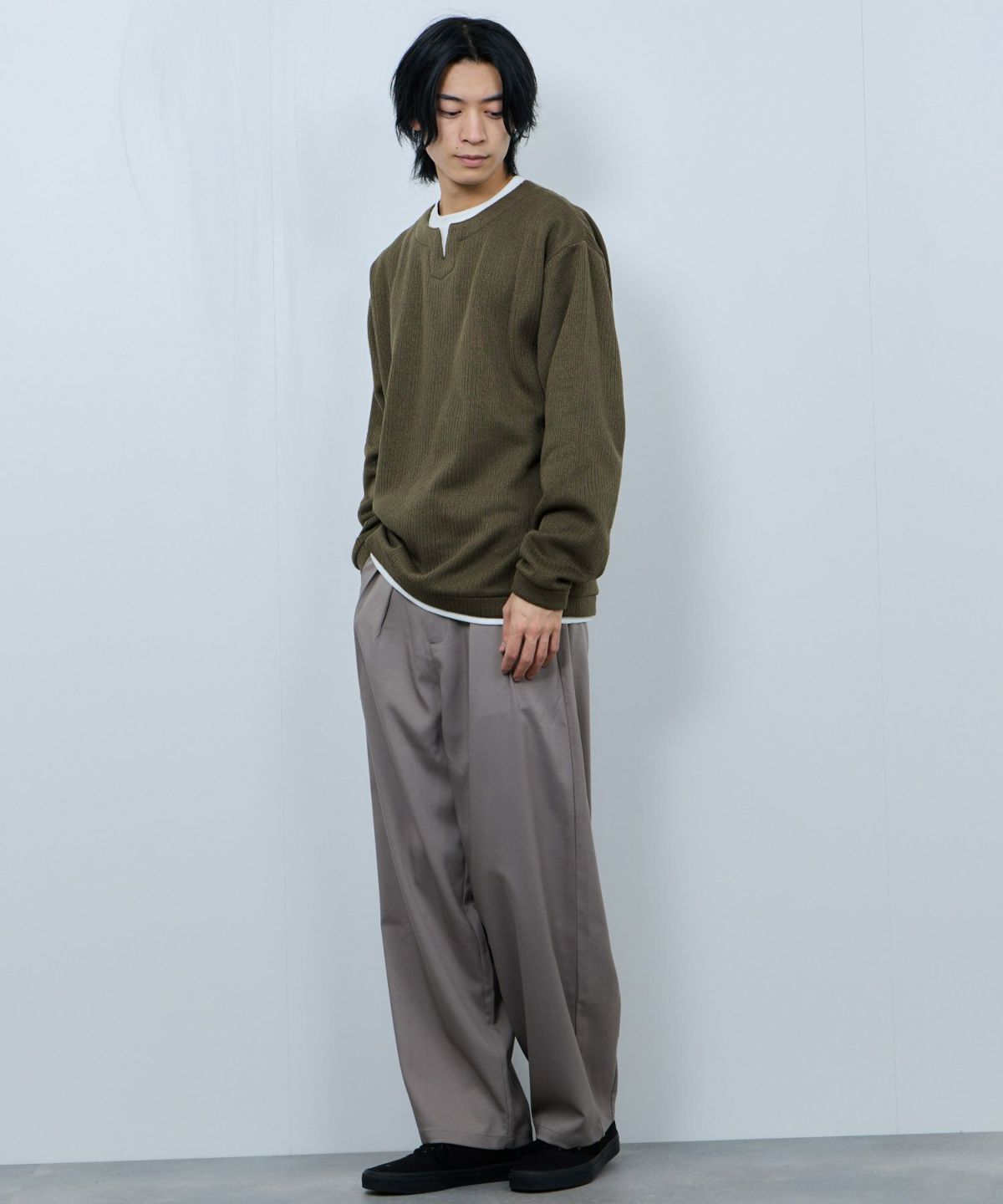 NAVY 針抜き裏起毛フェイクキーネックトレーナー メンズ