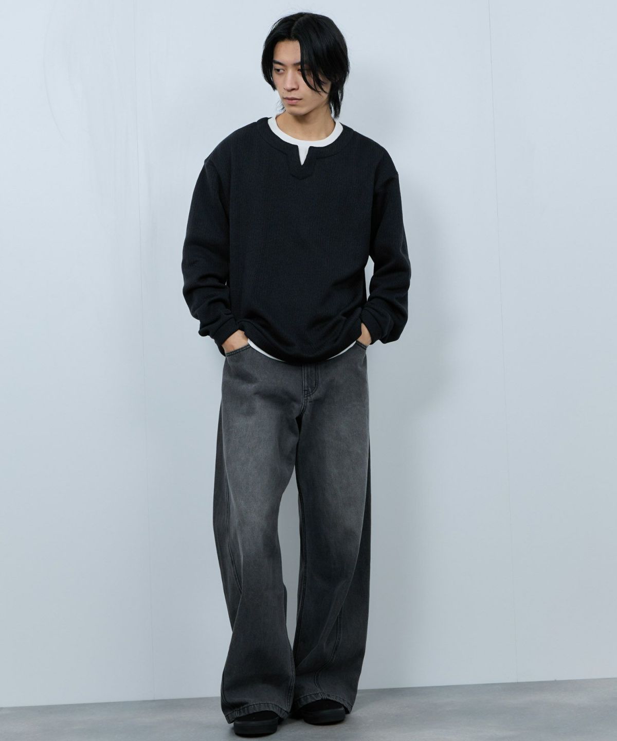 NAVY 針抜き裏起毛フェイクキーネックトレーナー メンズ