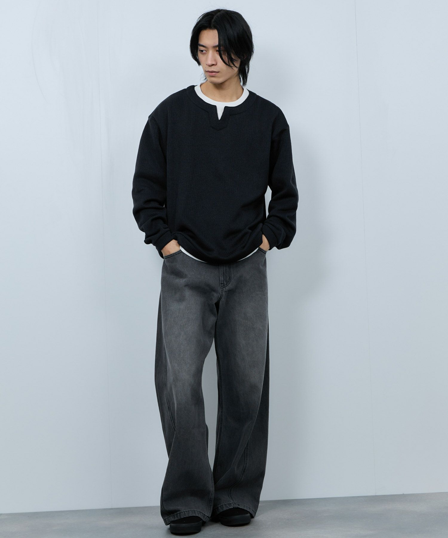 NAVY 針抜き裏起毛フェイクキーネックトレーナー メンズ