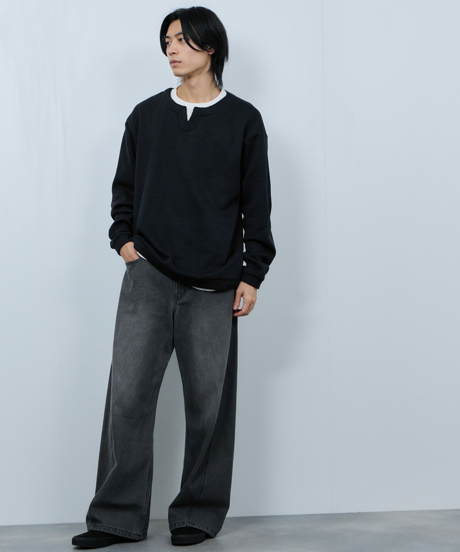 NAVY 針抜き裏起毛フェイクキーネックトレーナー メンズ