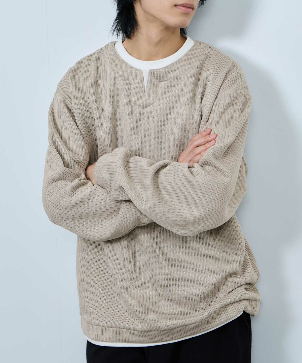 NAVY 針抜き裏起毛フェイクキーネックトレーナー メンズ