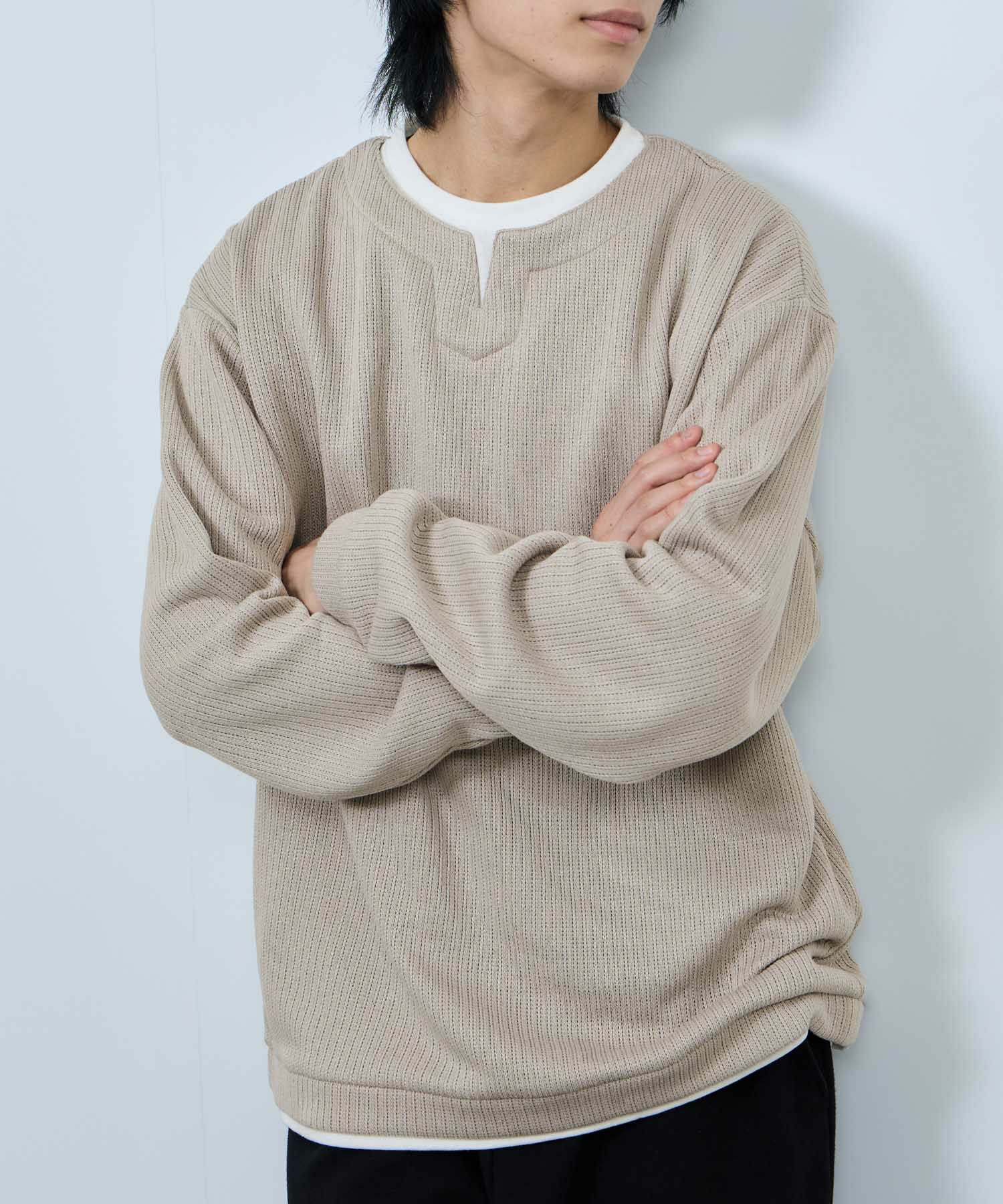 NAVY 針抜き裏起毛フェイクキーネックトレーナー メンズ
