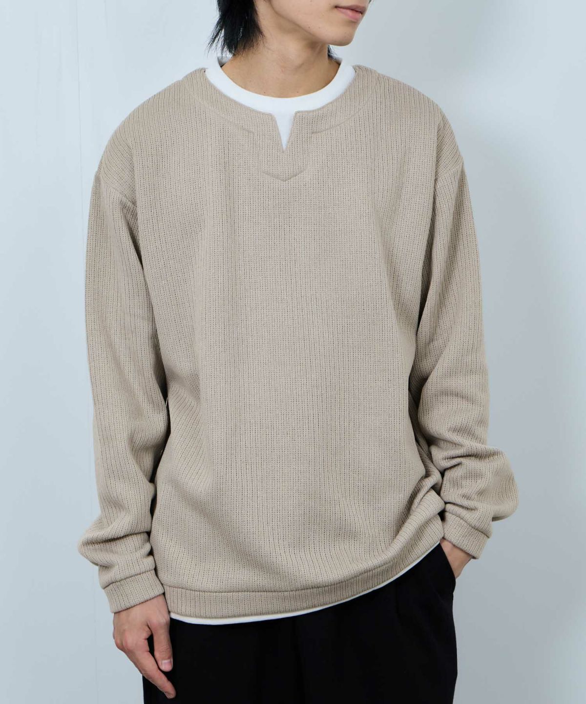 NAVY 針抜き裏起毛フェイクキーネックトレーナー メンズ