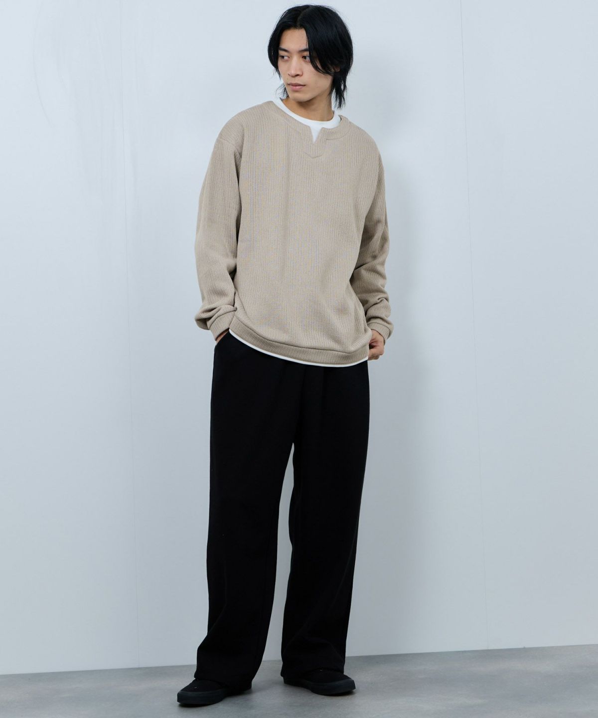 NAVY 針抜き裏起毛フェイクキーネックトレーナー メンズ