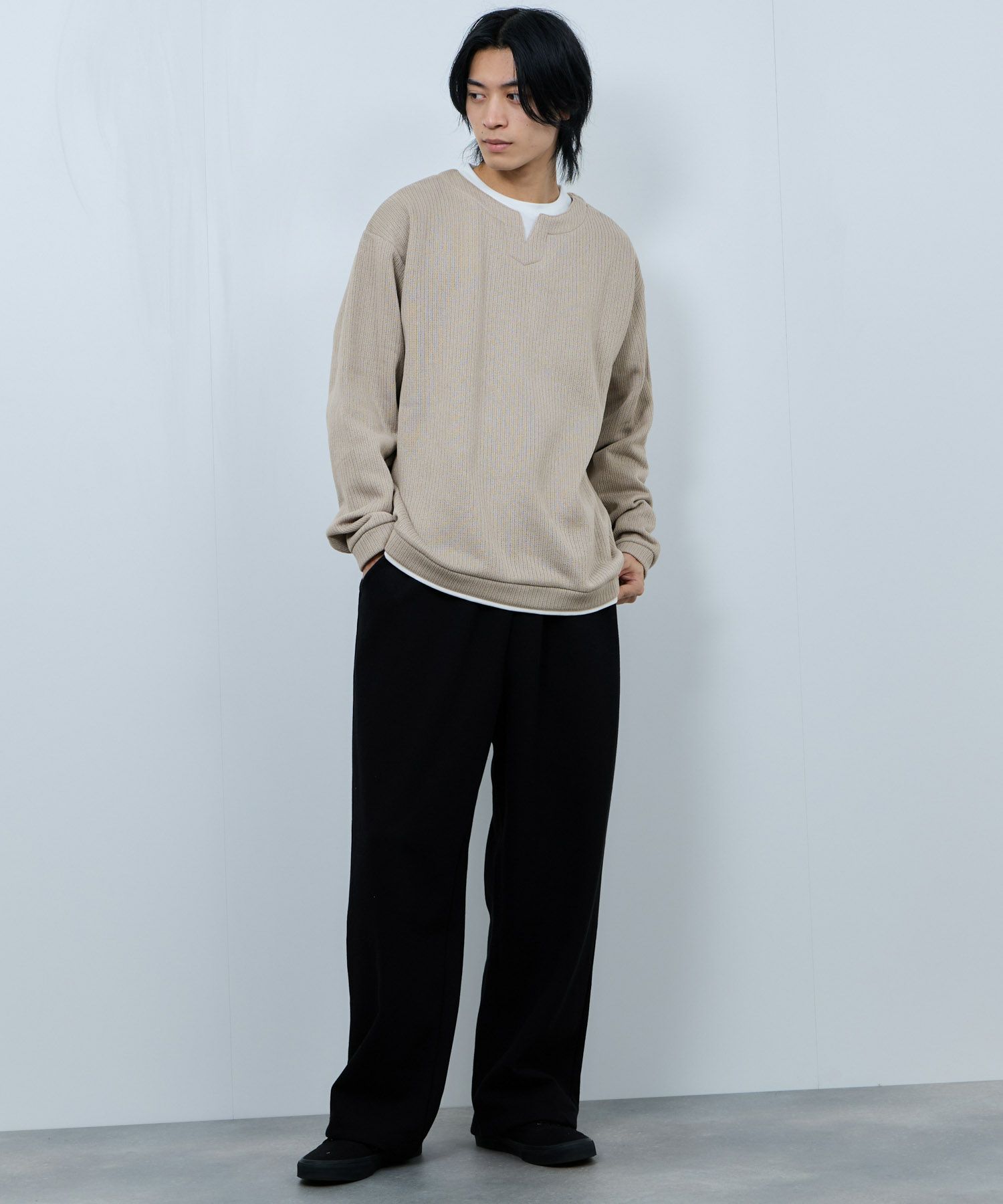 NAVY 針抜き裏起毛フェイクキーネックトレーナー メンズ