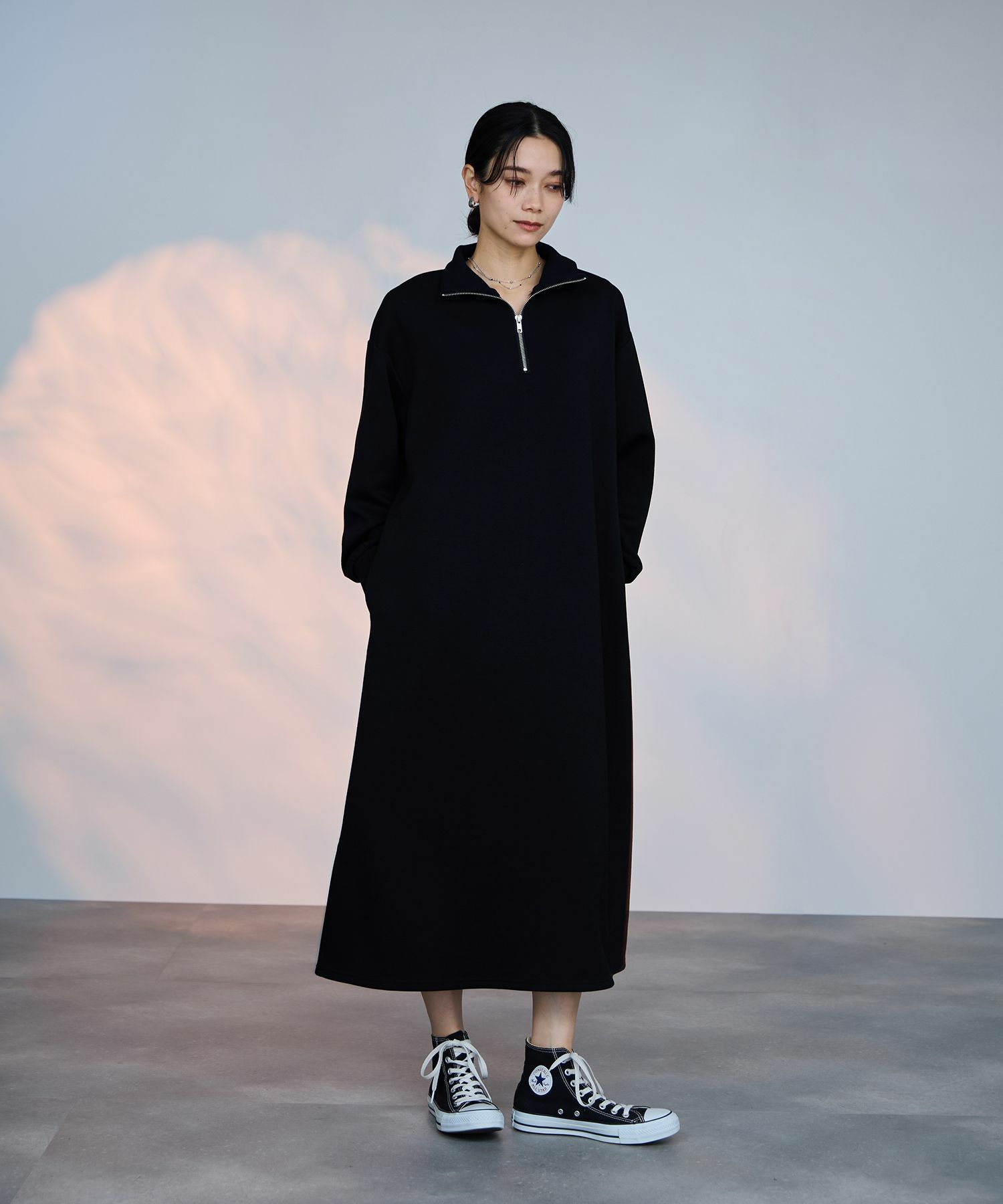 milli de l'air パフィバック ダンボールニット ハーフジップワンピース レディース