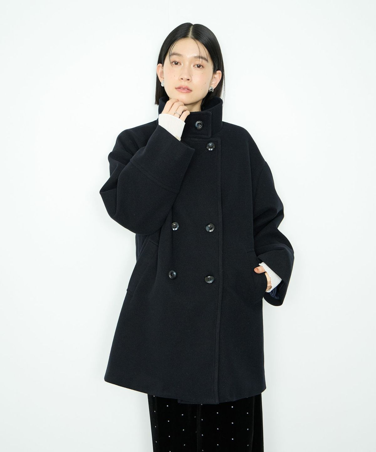 Idnes スタンドカラーミドルコート レディース