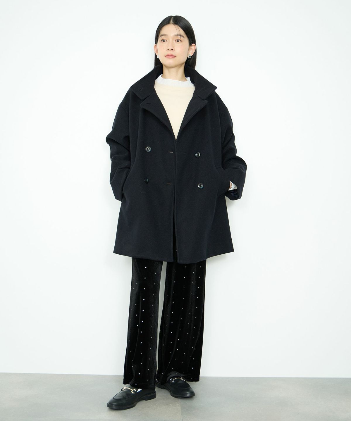 Idnes スタンドカラーミドルコート レディース