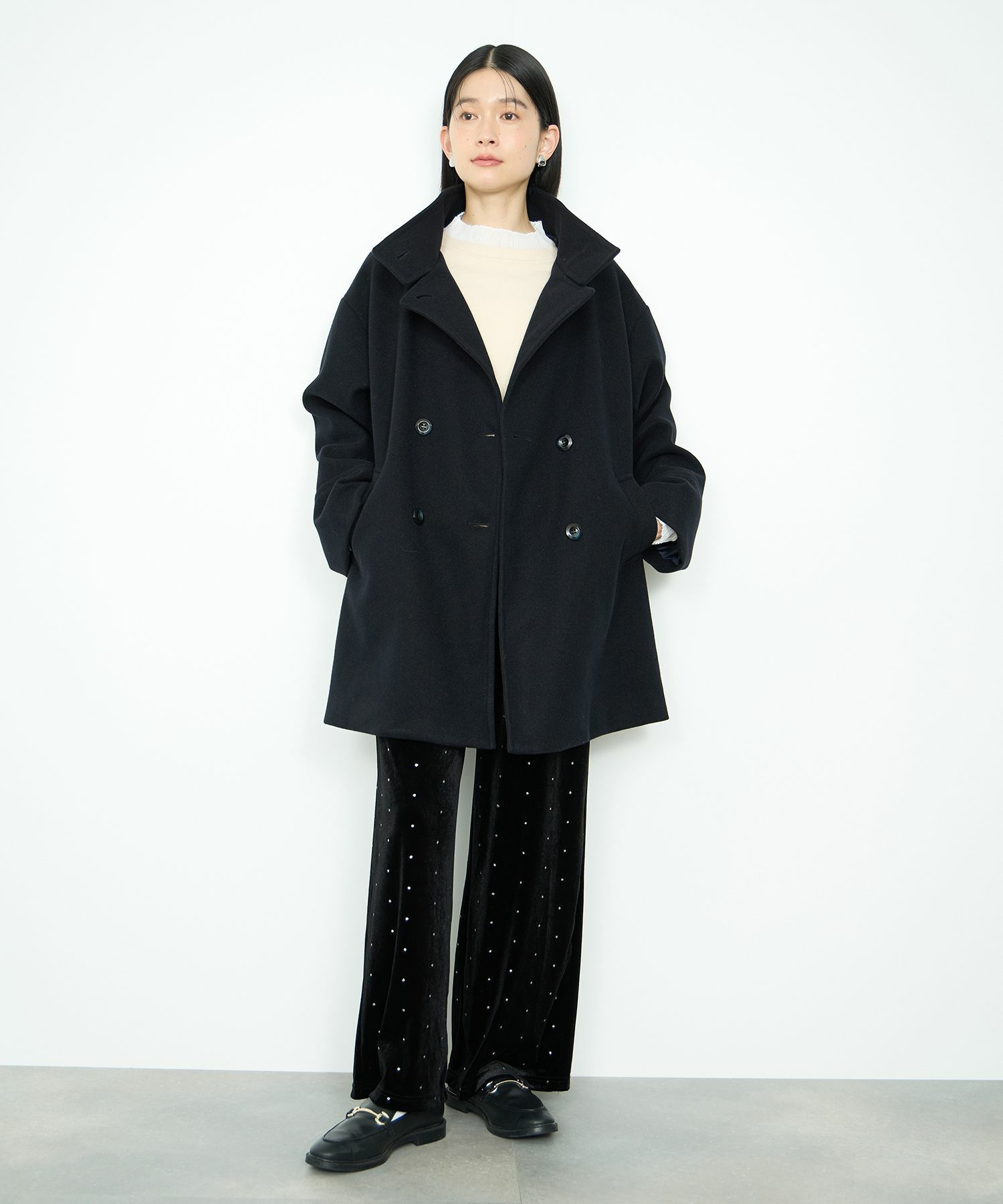 Idnes スタンドカラーミドルコート レディース