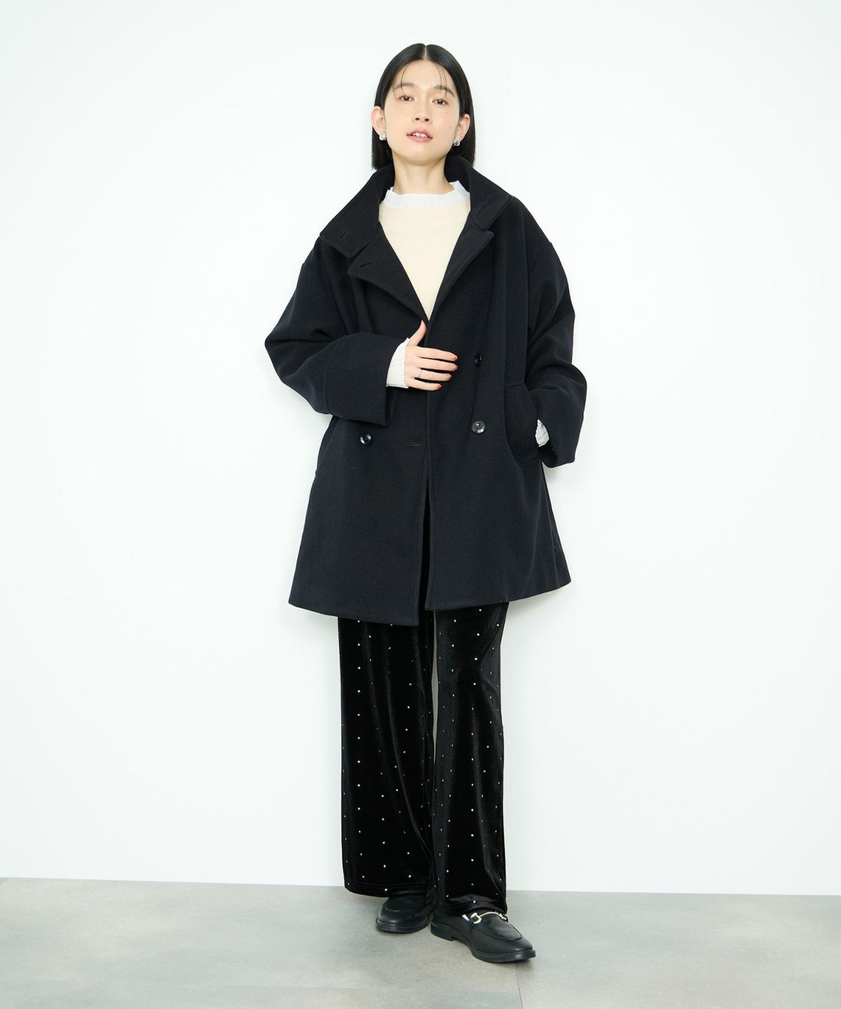 Idnes スタンドカラーミドルコート レディース