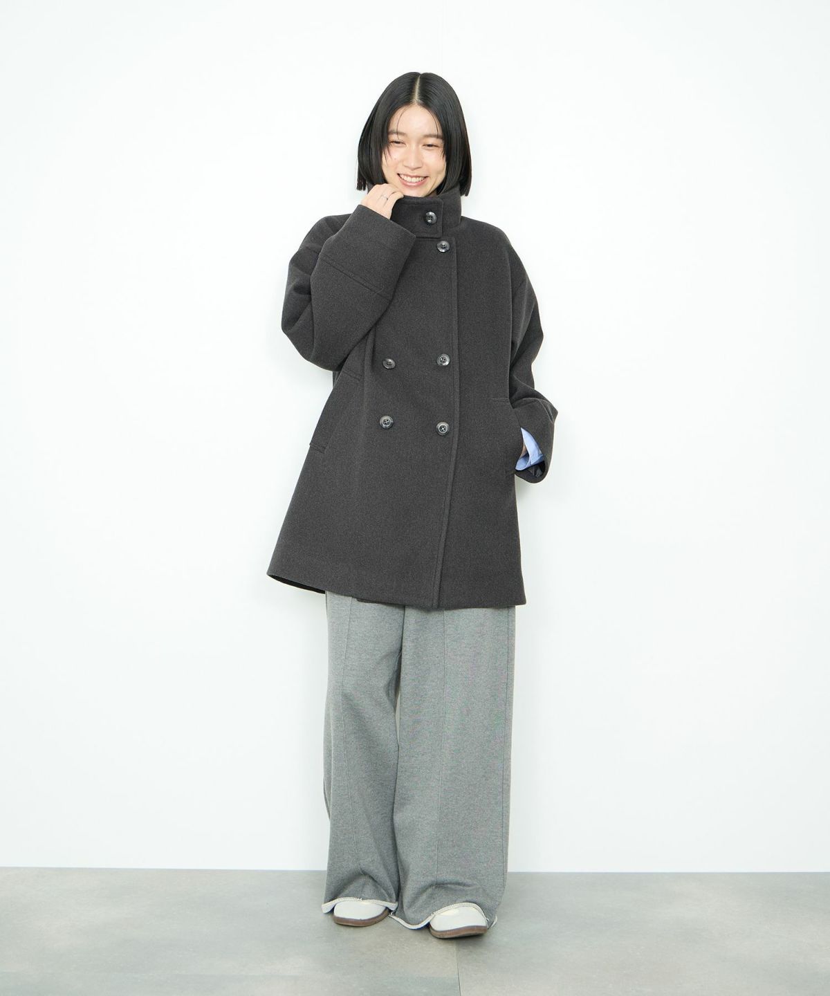 Idnes スタンドカラーミドルコート レディース