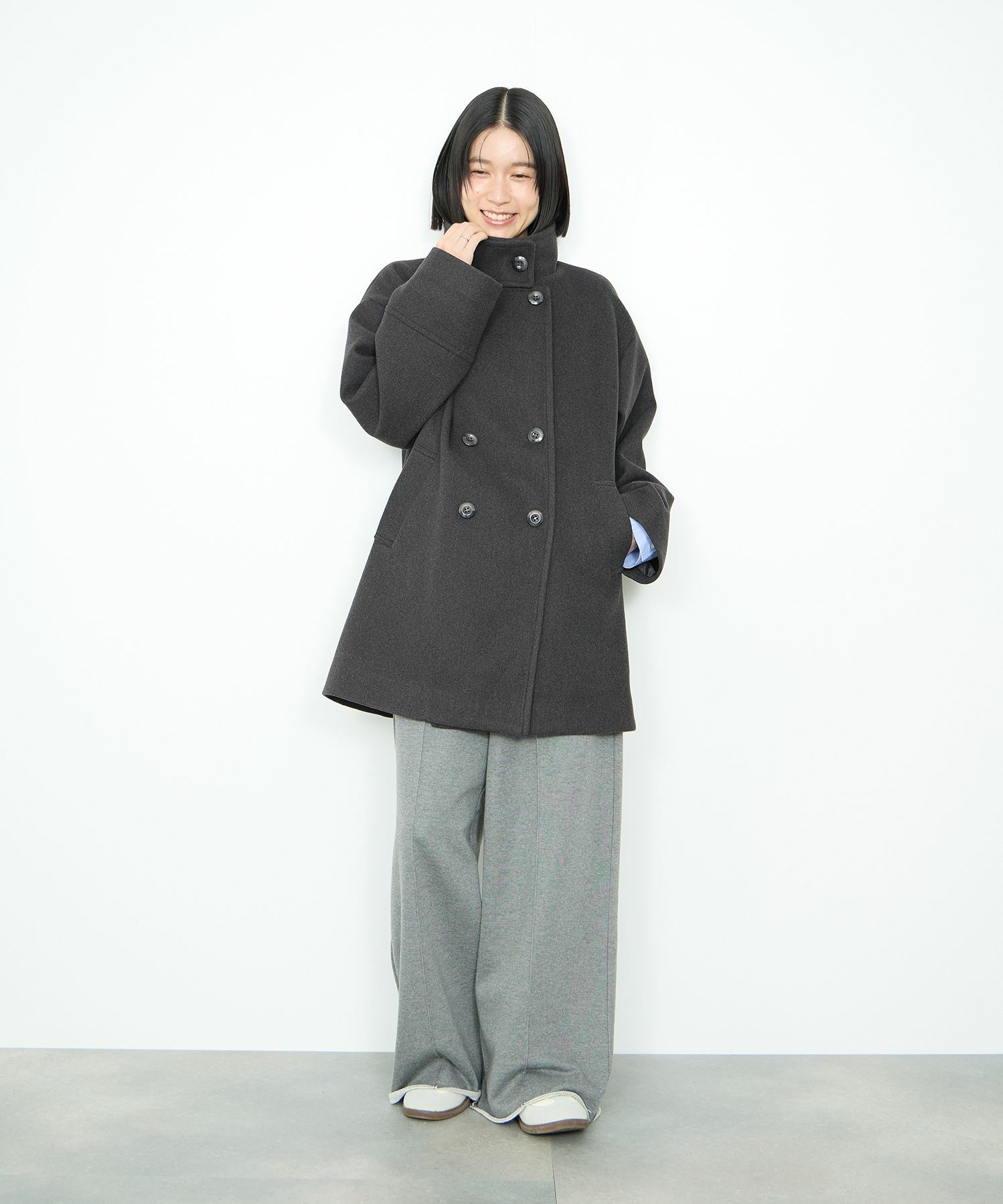 Idnes スタンドカラーミドルコート レディース