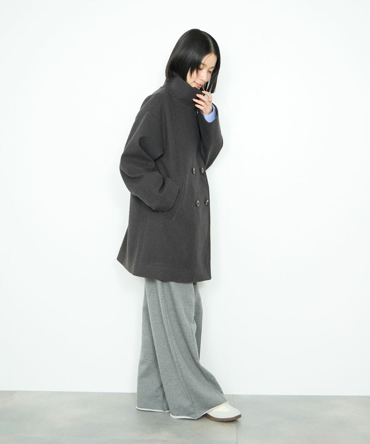 Idnes スタンドカラーミドルコート レディース