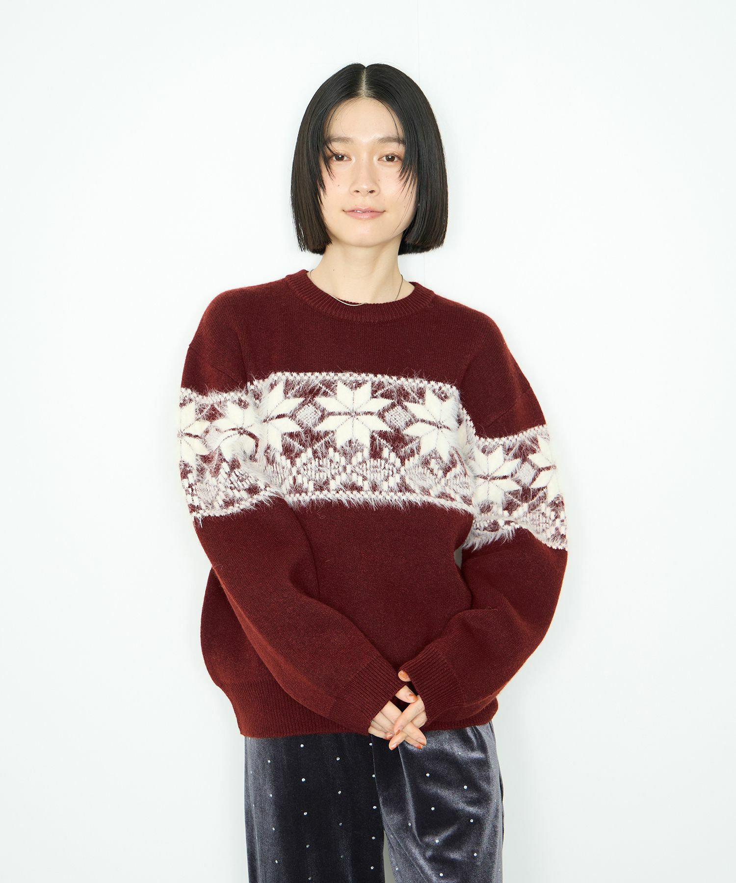 Idnes  雪柄シャギーニット レディース商品画像-1