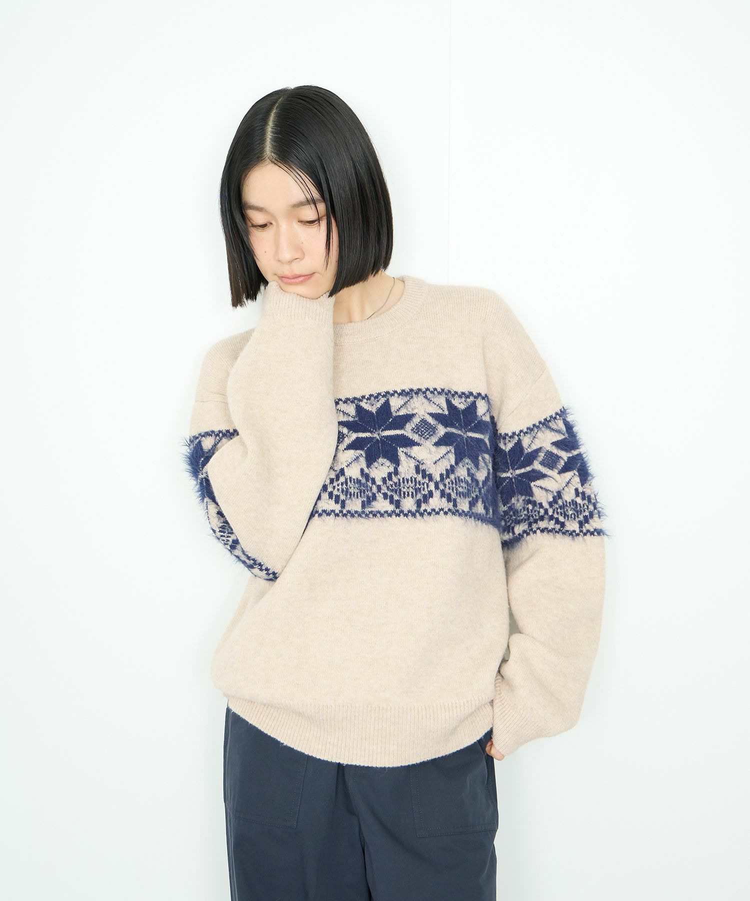 Idnes 雪柄シャギーニット レディース
