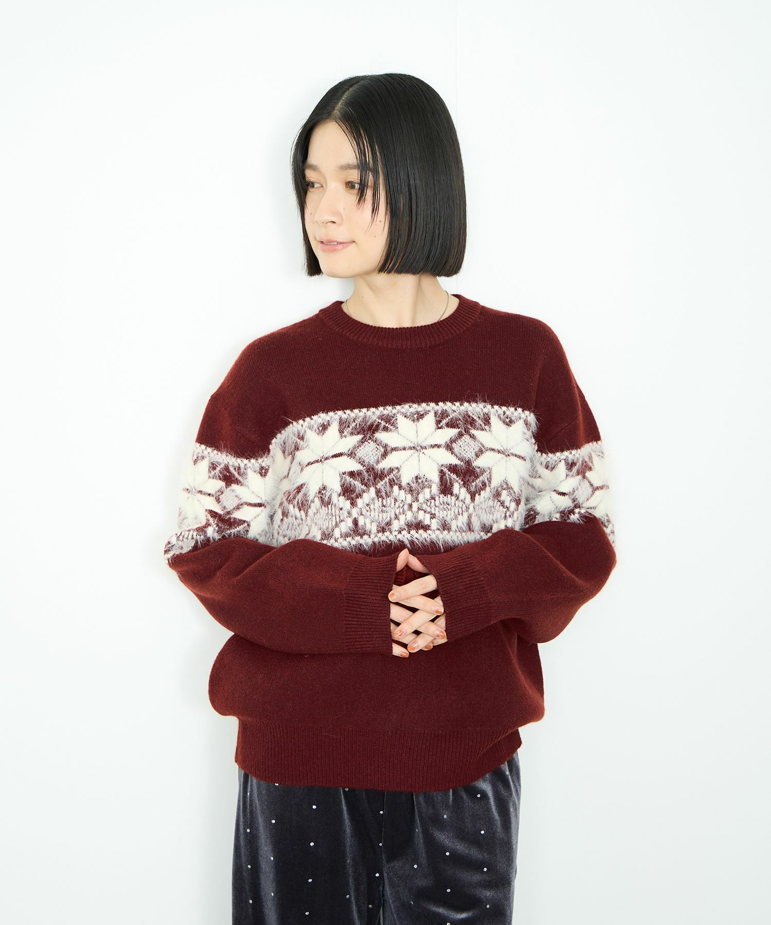 Idnes 雪柄シャギーニット レディース