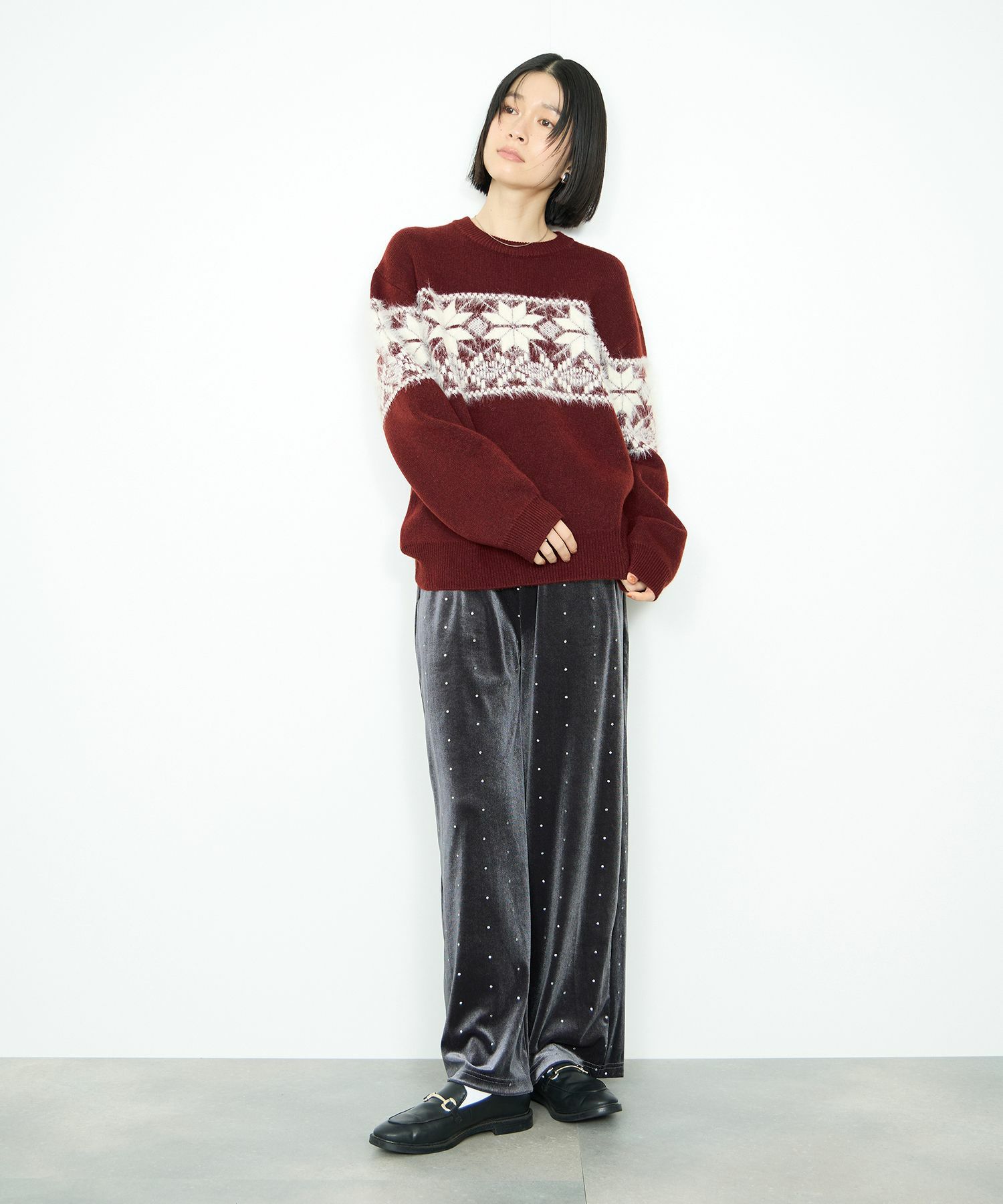 Idnes 雪柄シャギーニット レディース