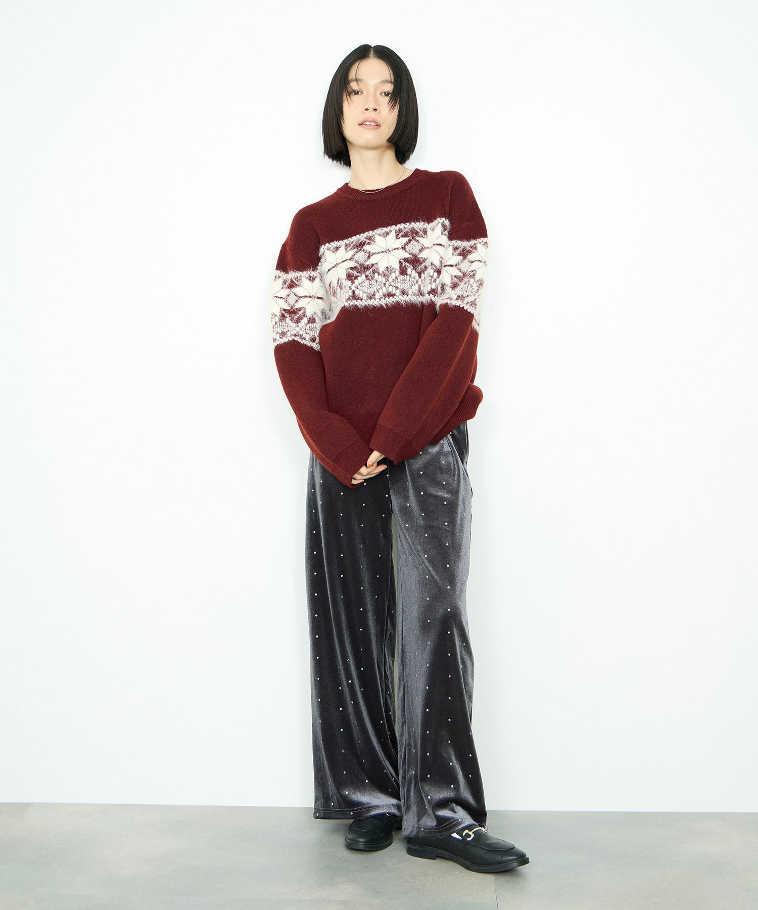 Idnes 雪柄シャギーニット レディース