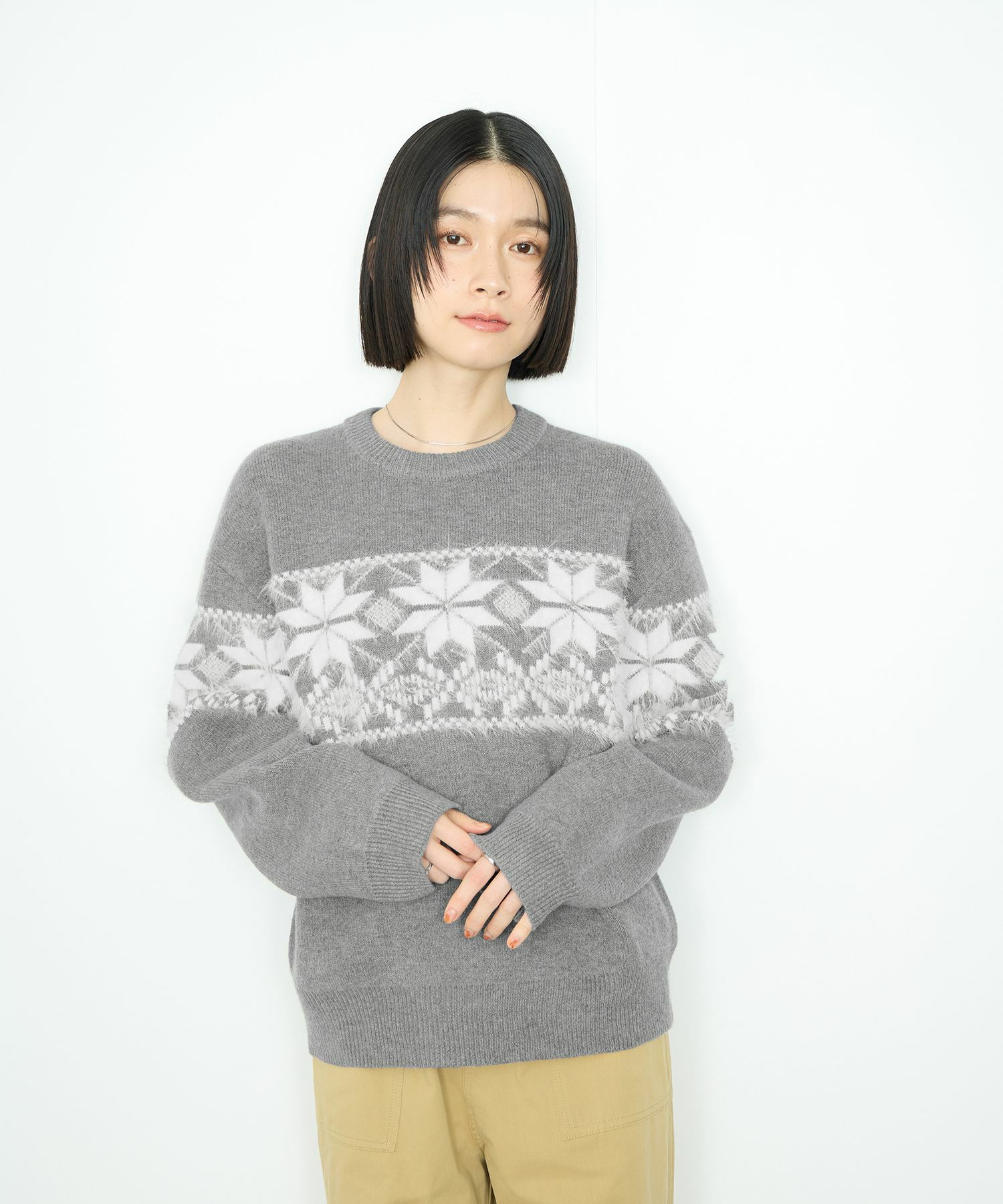 Idnes 雪柄シャギーニット レディース