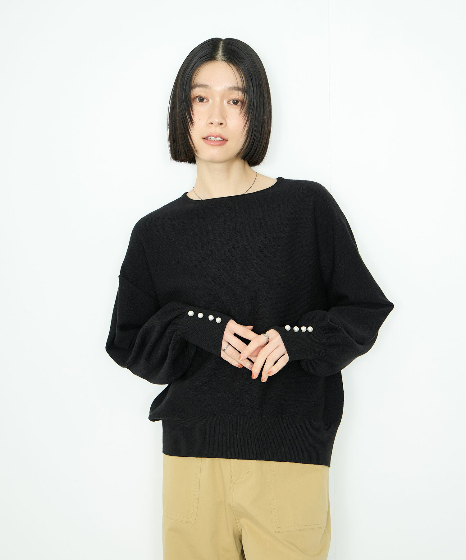 Idnes 横リブパールボタンニット レディース